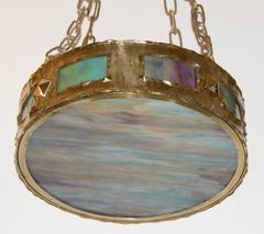Arts and Crafts Style Plafonnier with Polychrome Glass