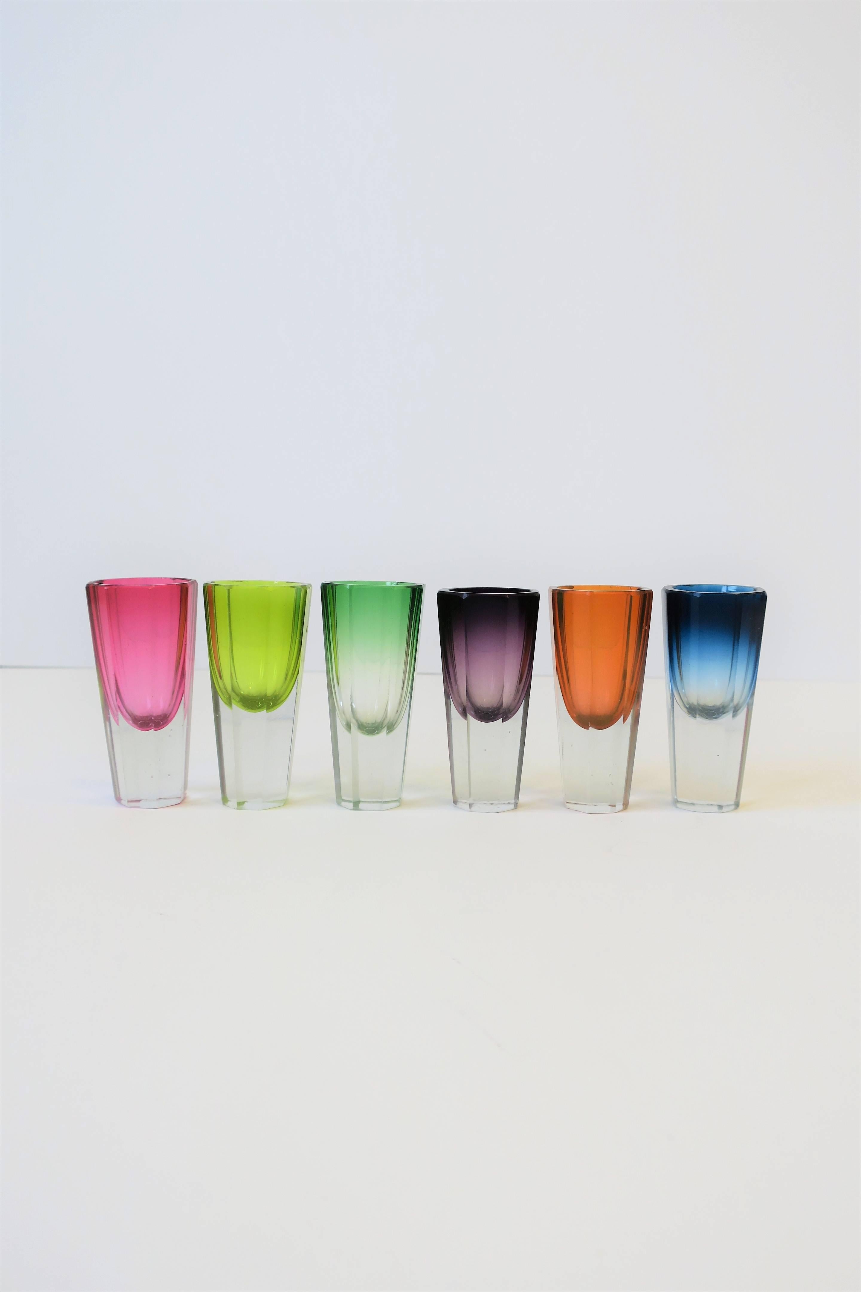 20th Century Pink Blue Green Bohemian Crystal Shot Glasses after Baccarat, Set of 6