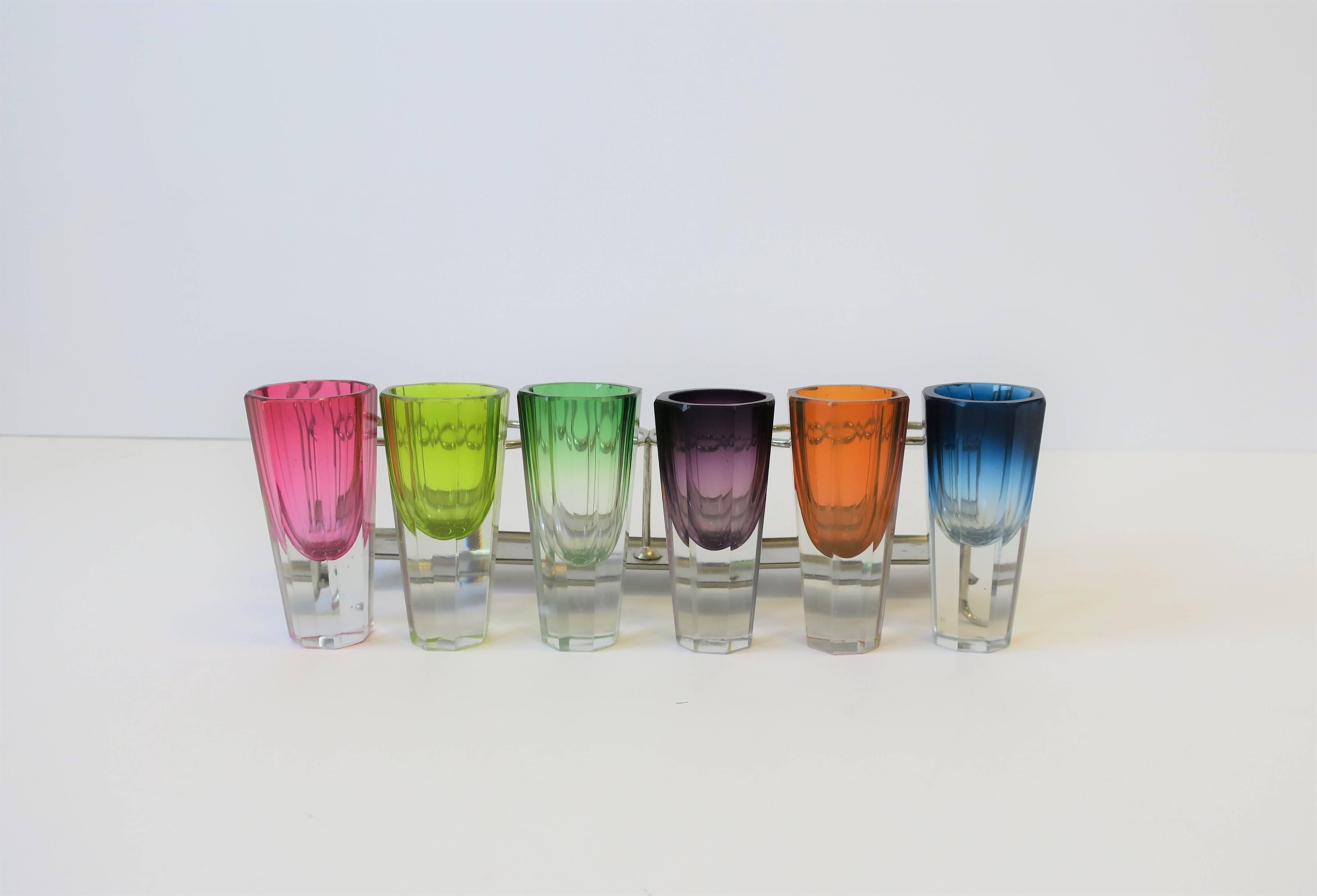 Pink Blue Green Bohemian Crystal Shot Glasses after Baccarat, Set of 6 4