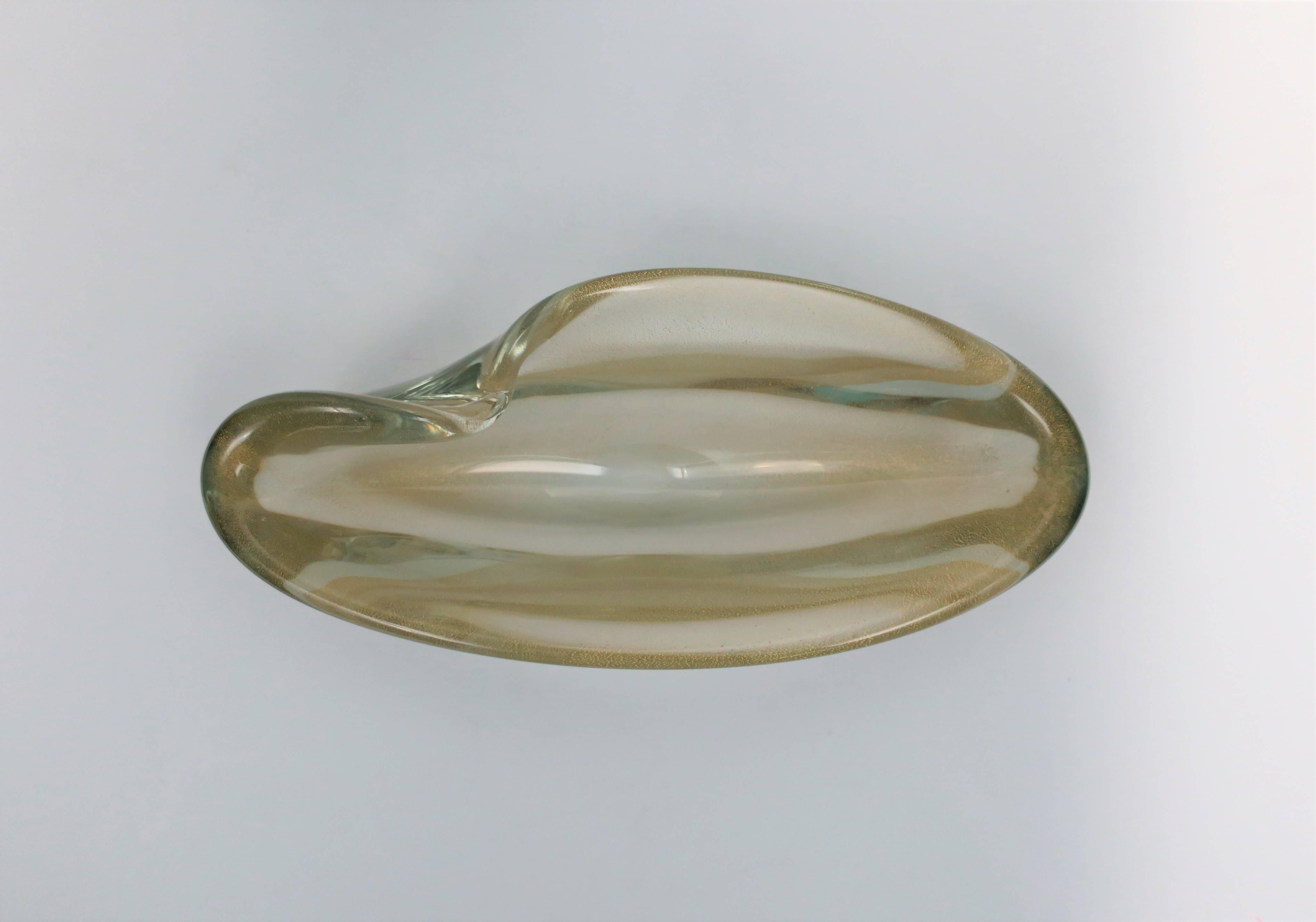 Modern Italian Murano Clear and Gold Oblong Art Glass Bowl 