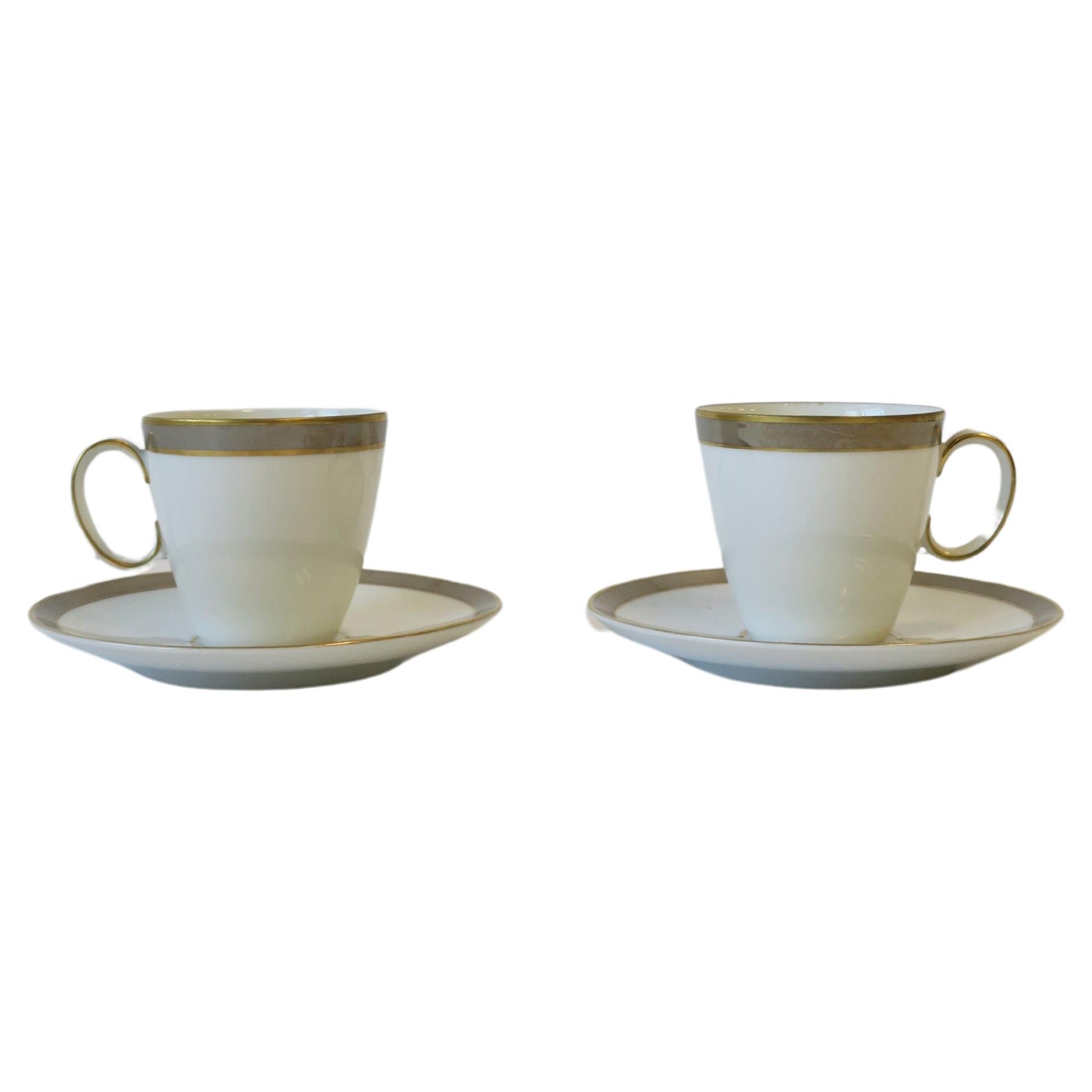 Ray Loewy White Grey Gold Porcelain Espresso Coffee Cup & Saucer, Set of 2 For Sale