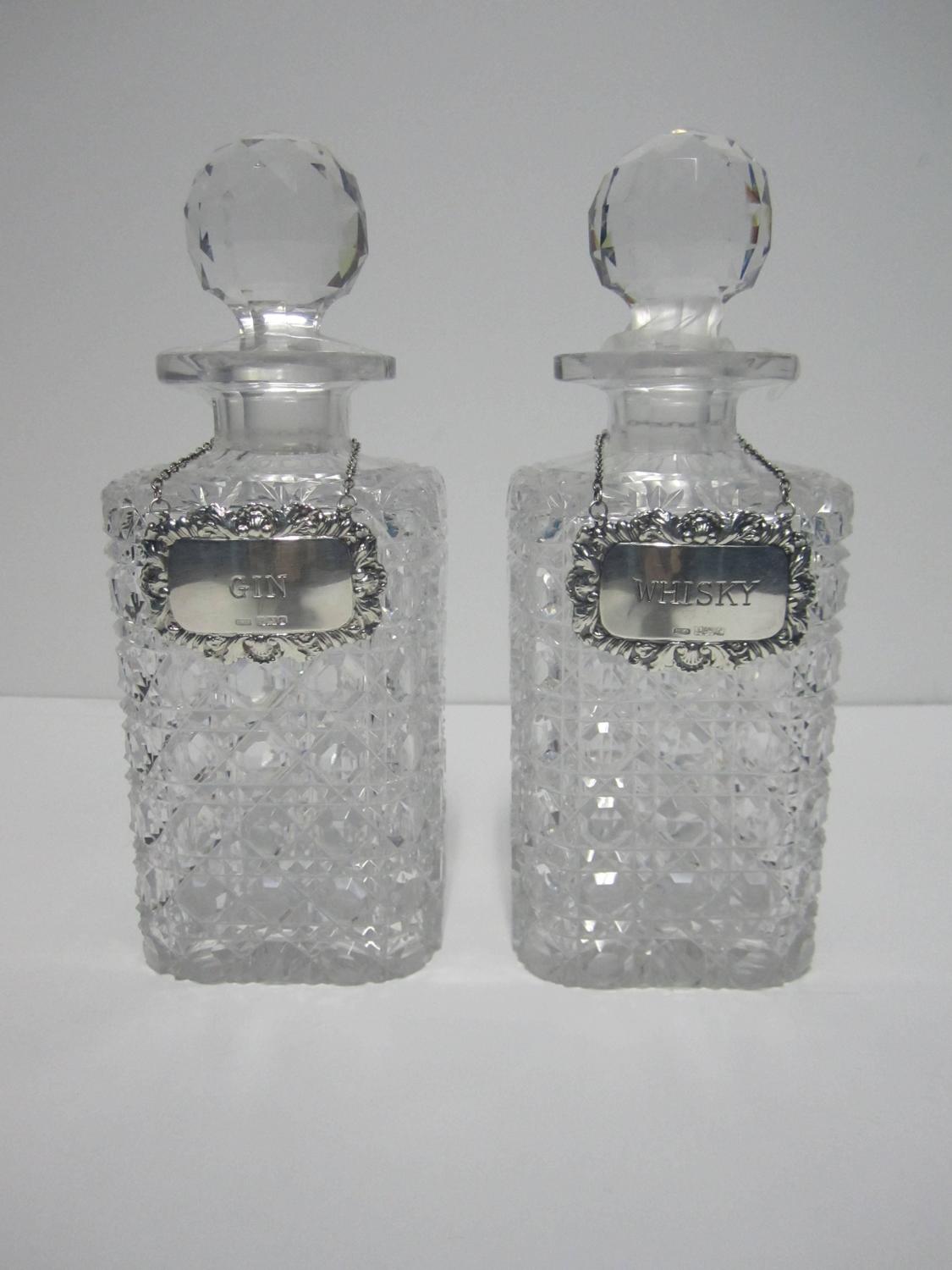 Antique 'Brilliant' Cut Crystal Decanters with English Sterling Silver