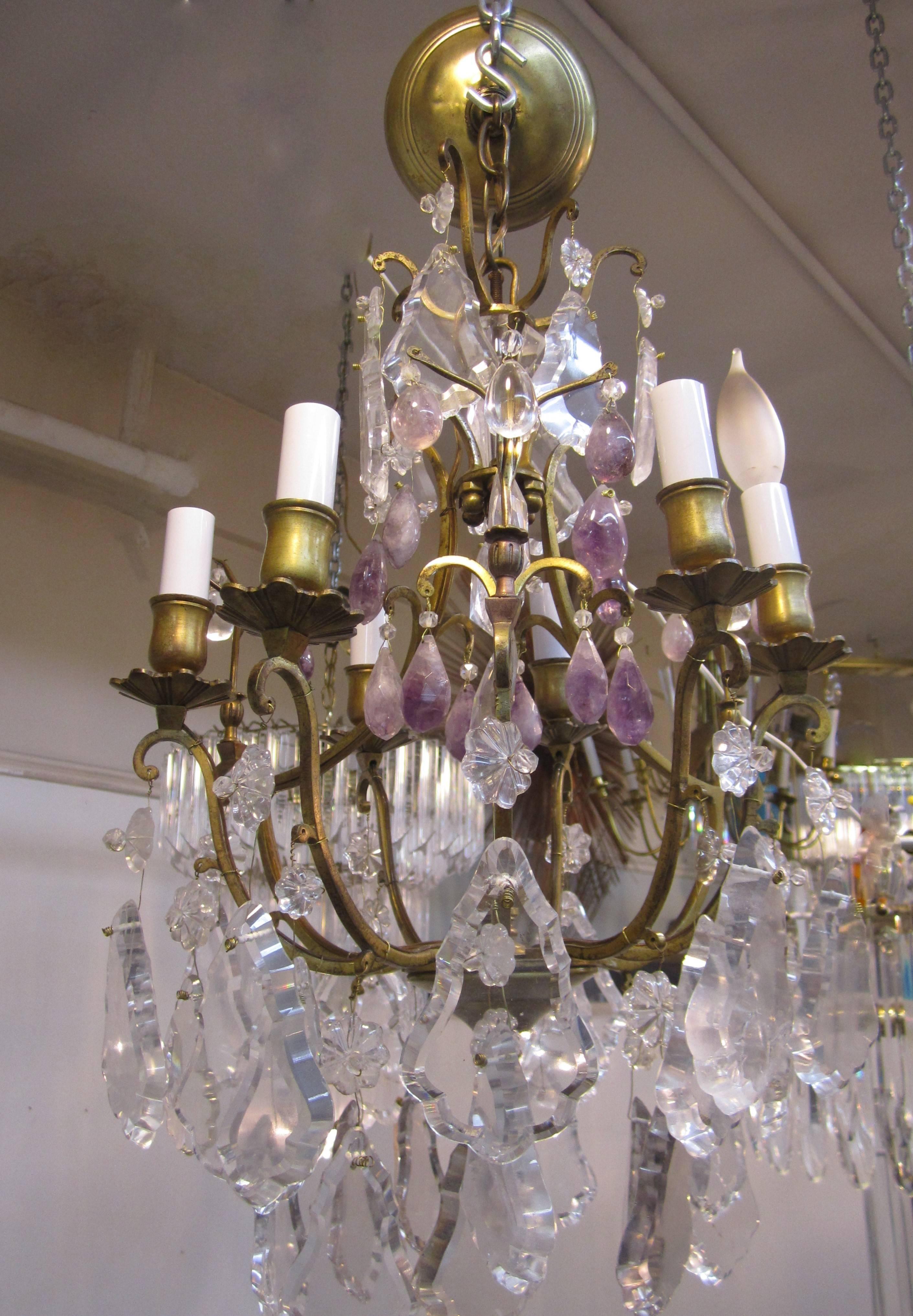 Gold Gilt Crystal Chandelier with Purple Amethyst  In Good Condition In New York, NY