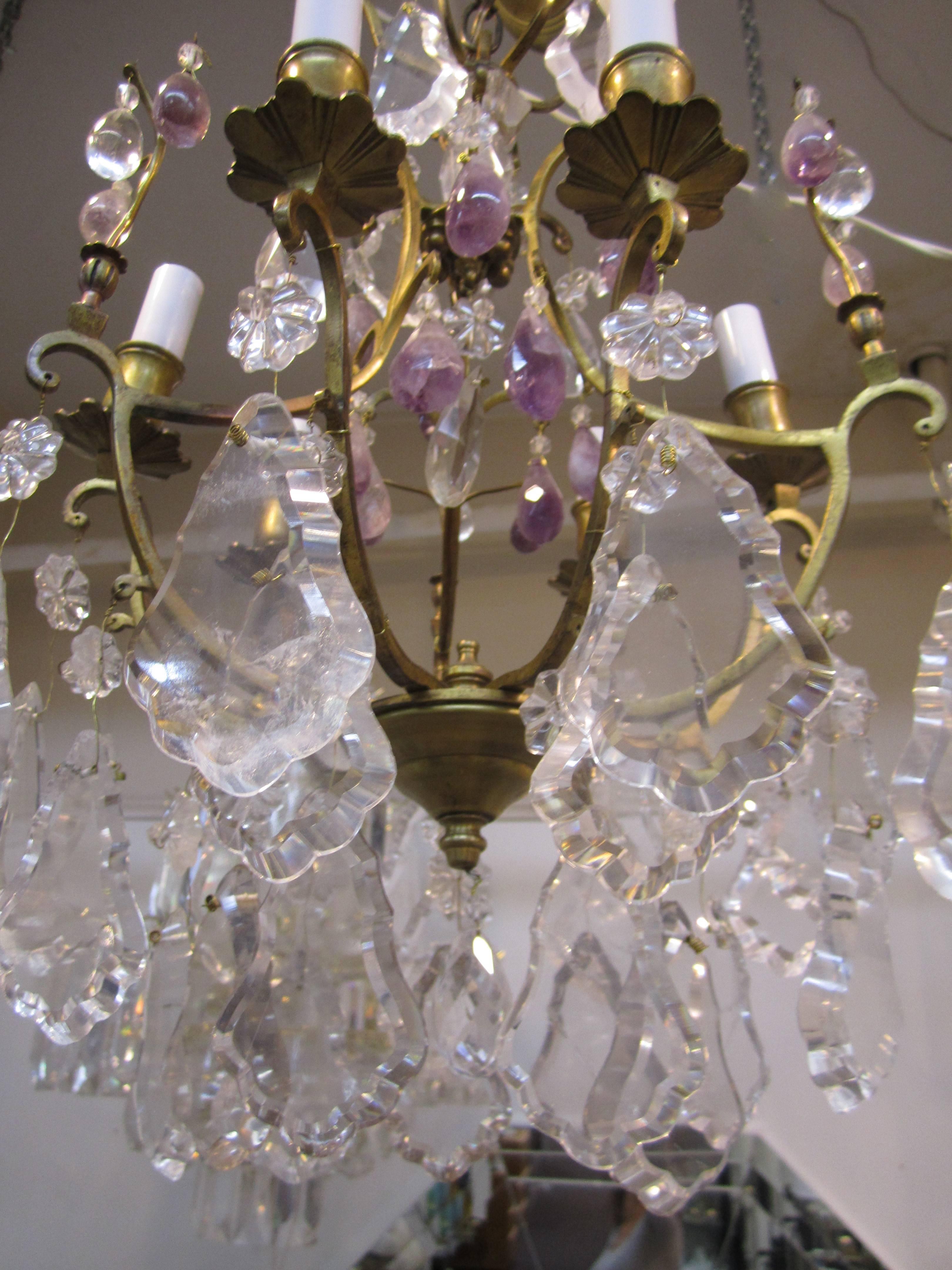 Polished Gold Gilt Crystal Chandelier with Purple Amethyst 