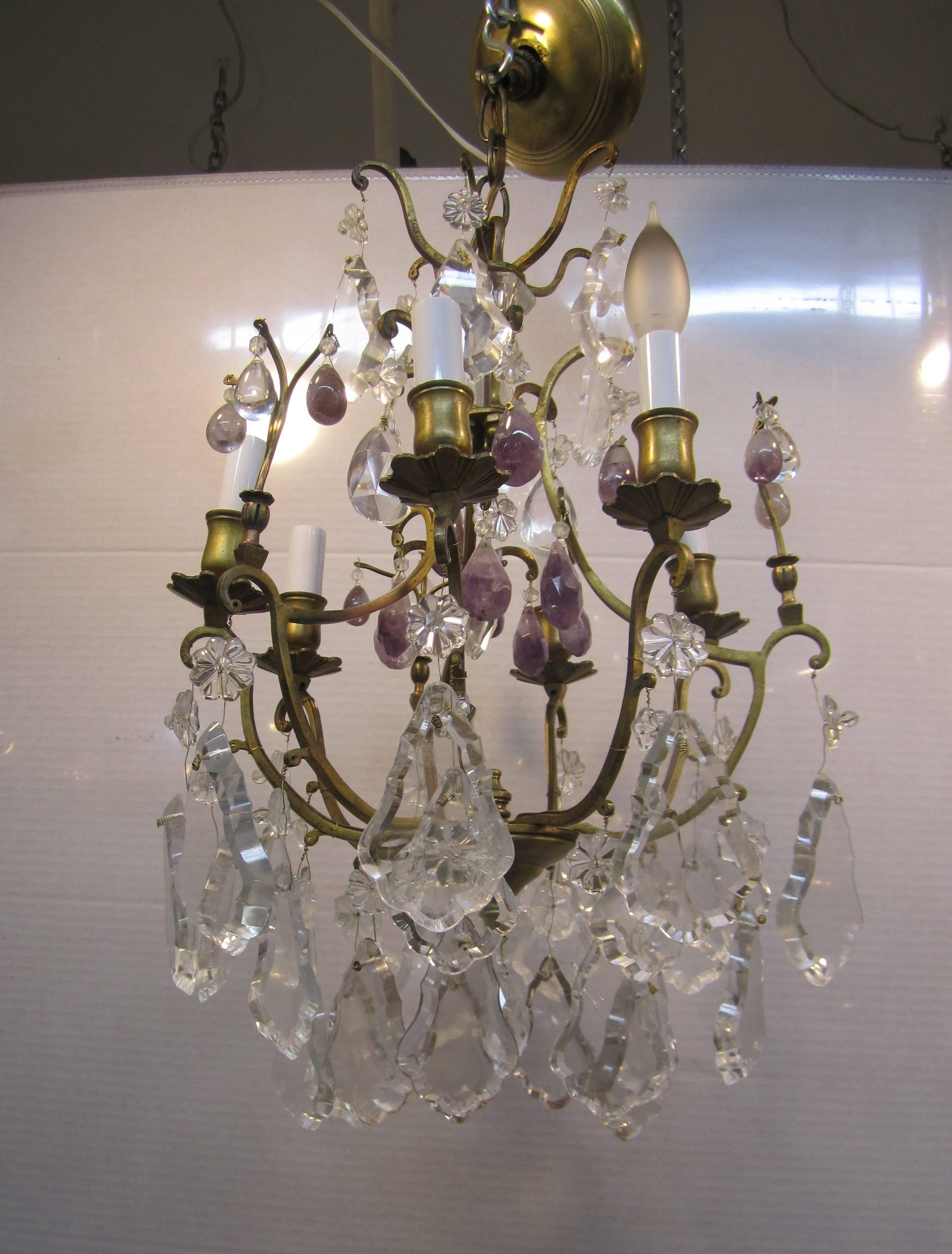 20th Century Gold Gilt Crystal Chandelier with Purple Amethyst 