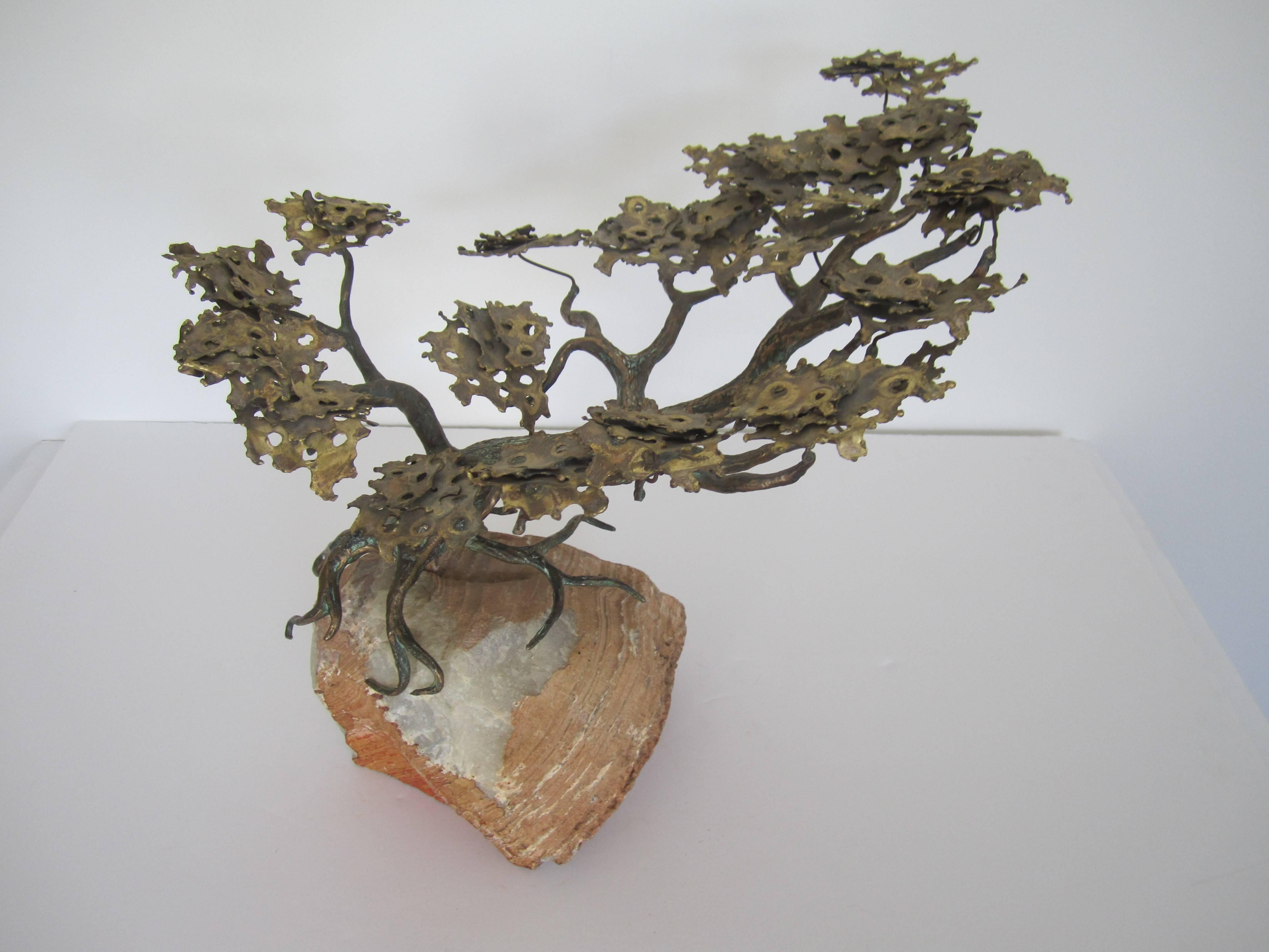 Organic Modern Brass and Onyx Marble Japanese Bonsai Tree Sculpture 