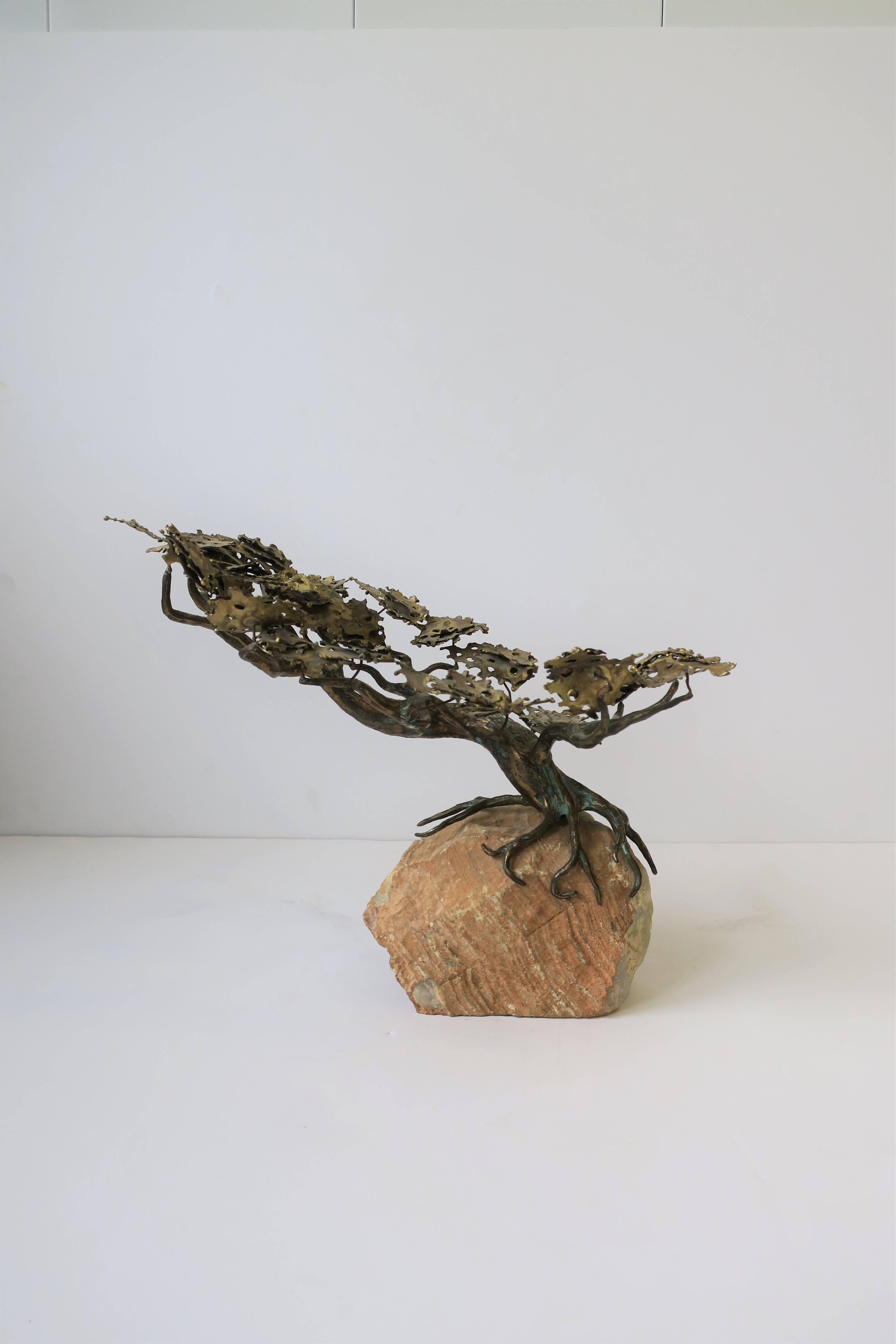 A beautiful and substantial vintage organic modern or 'brutalist' style brass and onyx marble Japanese bonsai tree sculpture. Brass leaves are pliable. 

Measurements: 6 in. D x 12 in. W x 9 in. H

Item available here online. By request, item can be