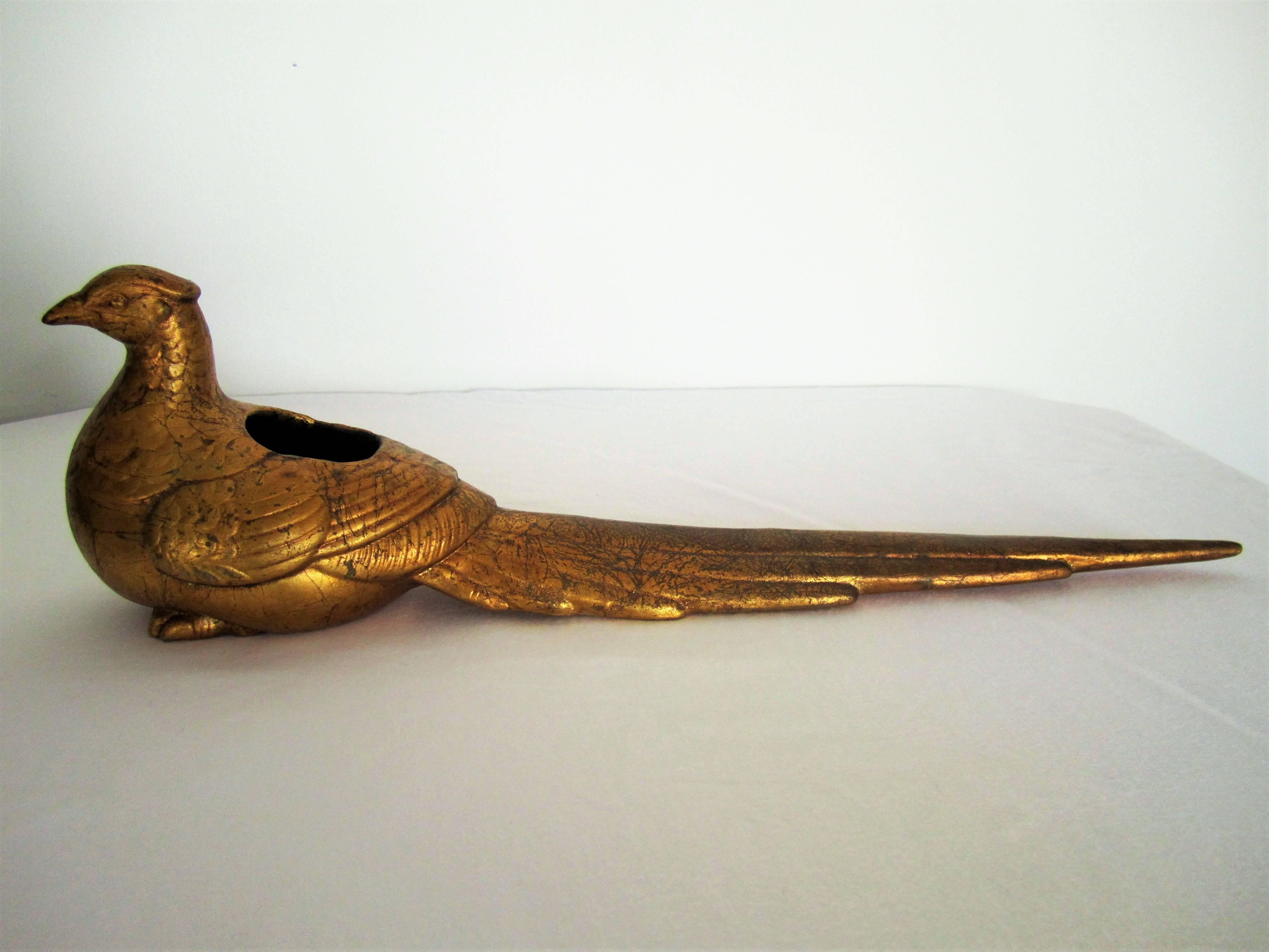 A substantial, beautiful, and long gilt ceramic Pheasant bird decorative piece in the Art Deco style. Circa 1970s. Measures 14