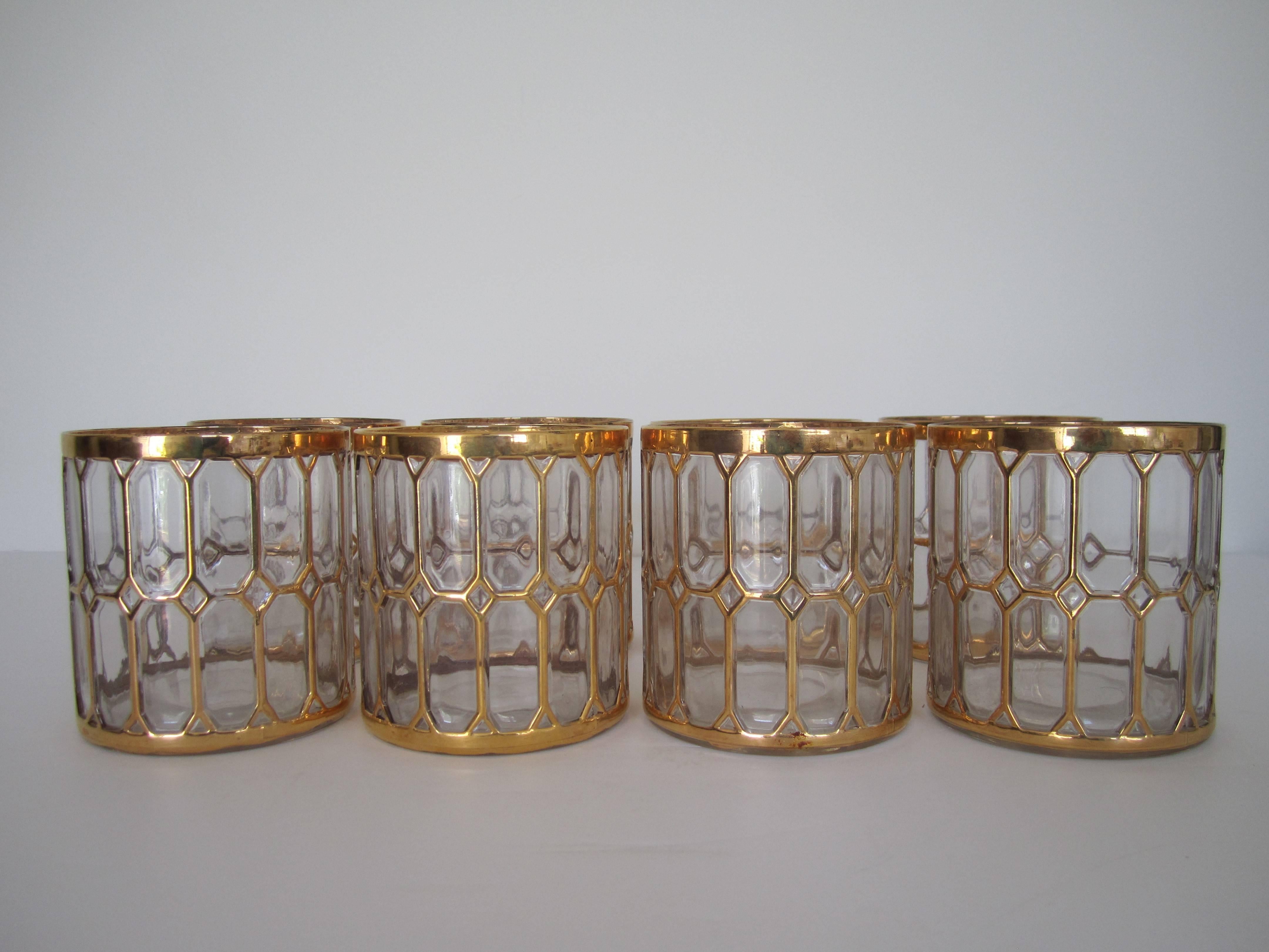 Eight stunning vintage 'rocks' cocktail glasses by the Imperial Glass Company. These glasses are in the Sortijas de Oro pattern with 24-karat gold detailing. Item available here online. By request, item can be made available by appointment to the