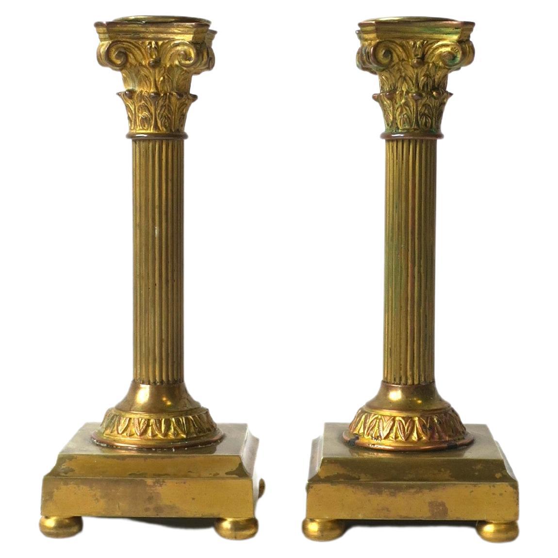 French Gold Gilt Bronze Corithian Column Pillar Candlestick Holder, Pair