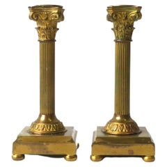 French Gold Gilt Bronze Corithian Column Pillar Candlestick Holder, Pair