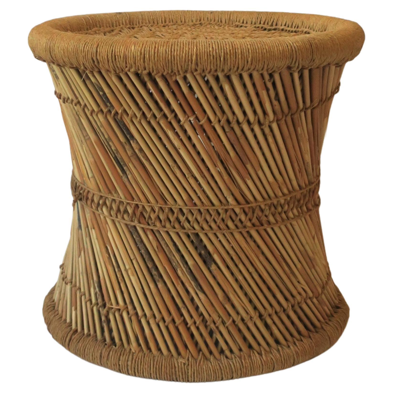Wicker Pencil Reed Stool or Side Drinks Table with Glass Top For Sale