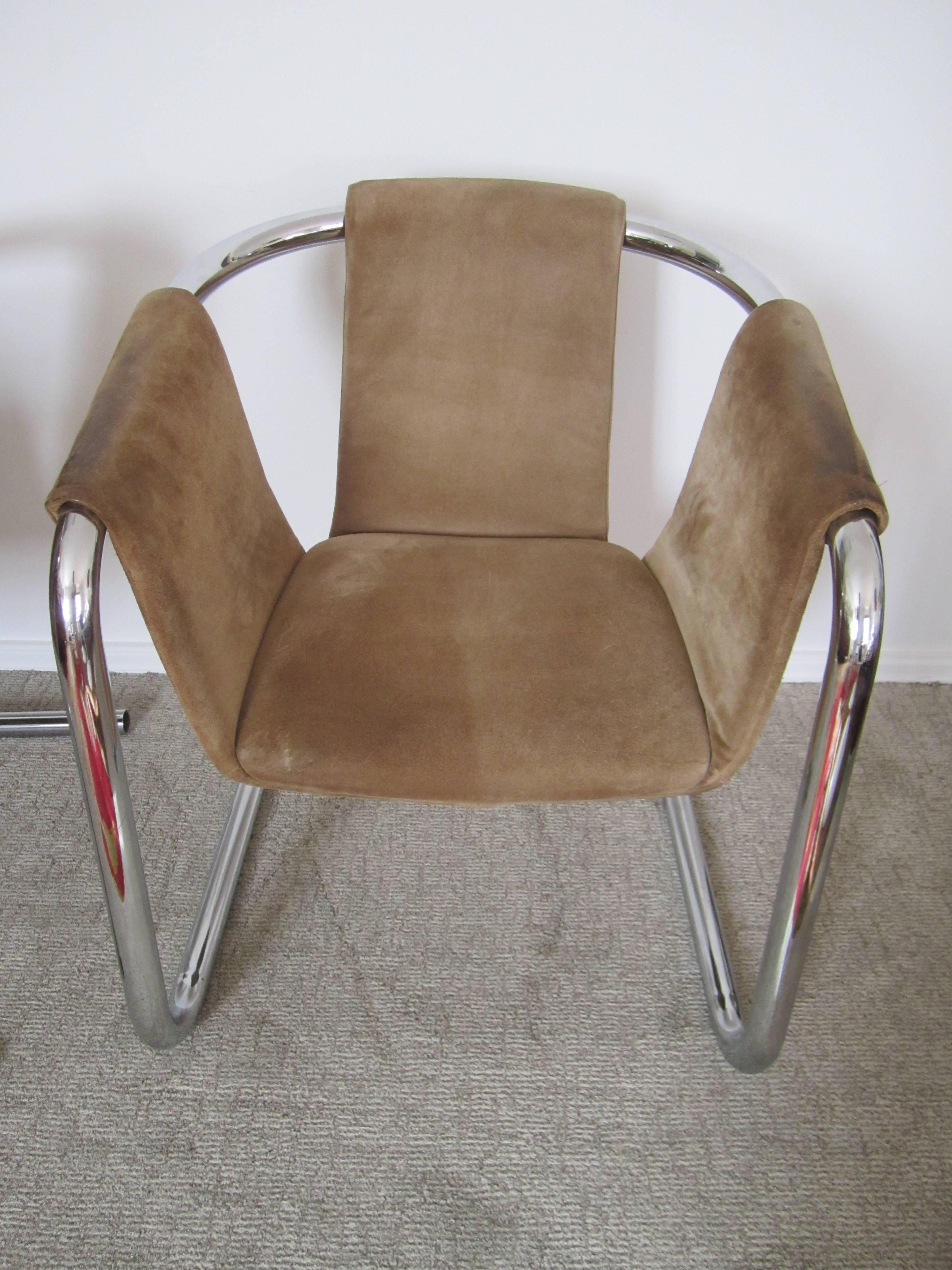 Late 20th Century Postmodern Tubular Chrome Suede Sling Arm Cantilever Lounge Chairs, 1970s, Pair