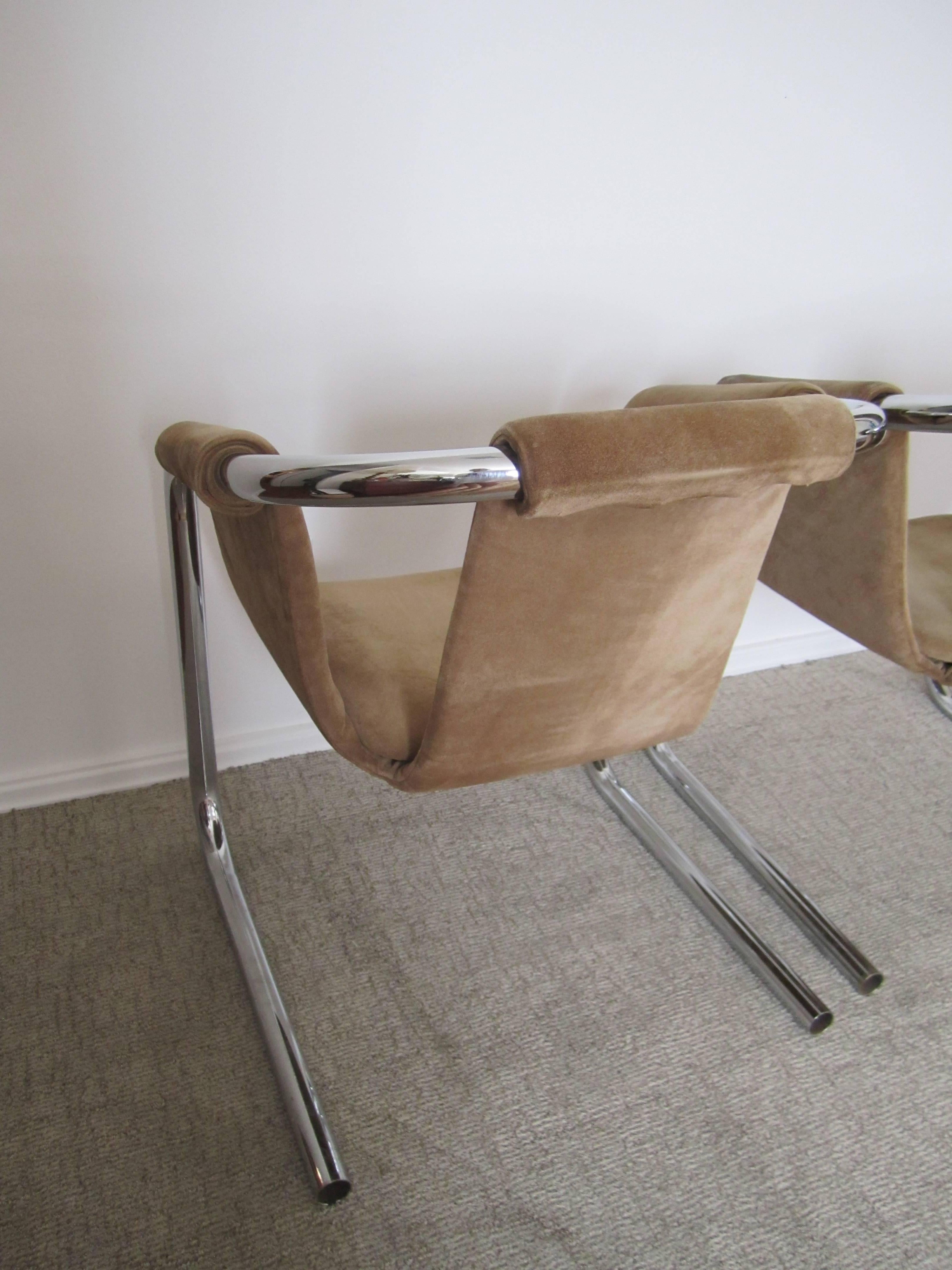 Unknown Postmodern Tubular Chrome Suede Sling Arm Cantilever Lounge Chairs, 1970s, Pair