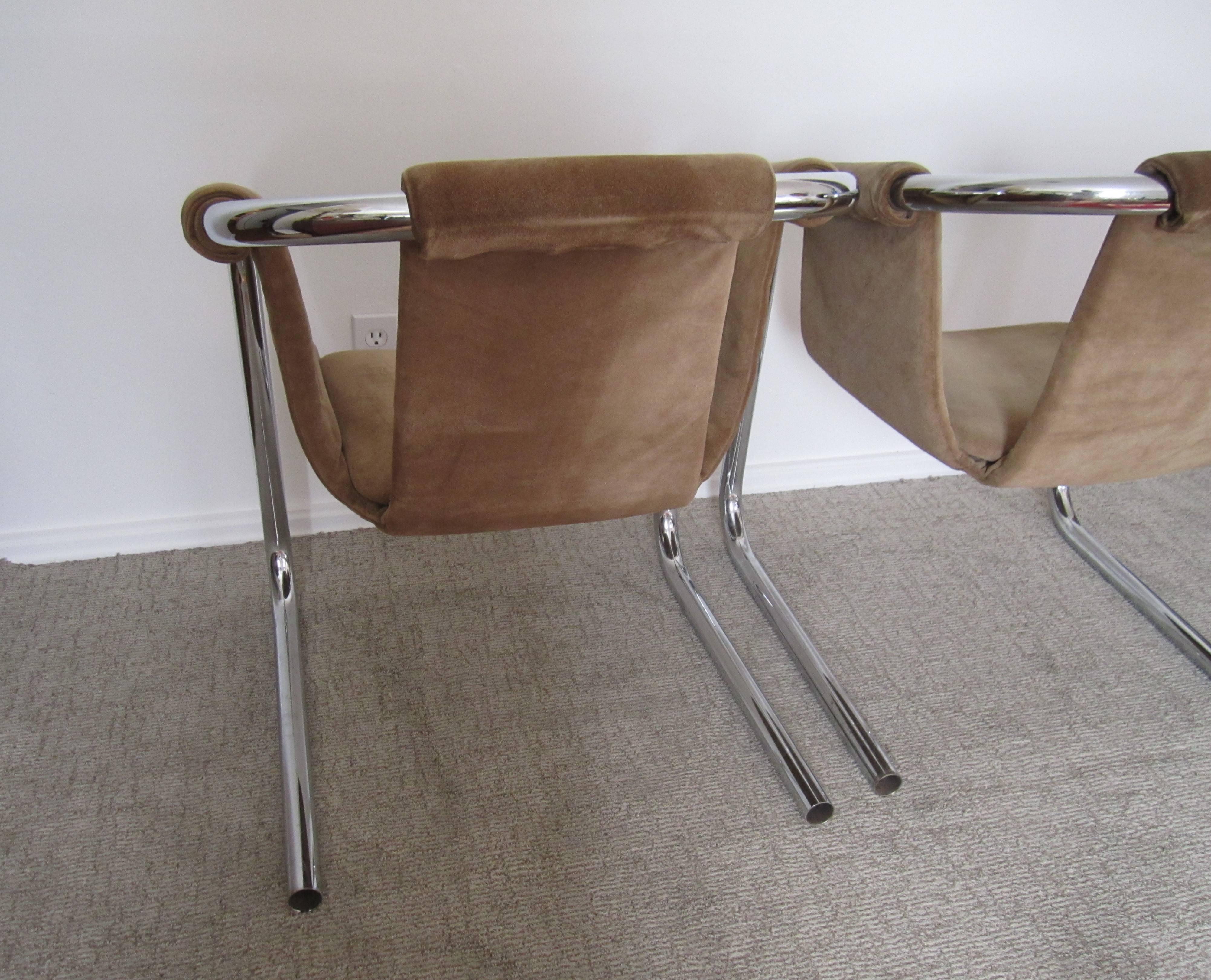 Post-Modern Postmodern Tubular Chrome Suede Sling Arm Cantilever Lounge Chairs, 1970s, Pair