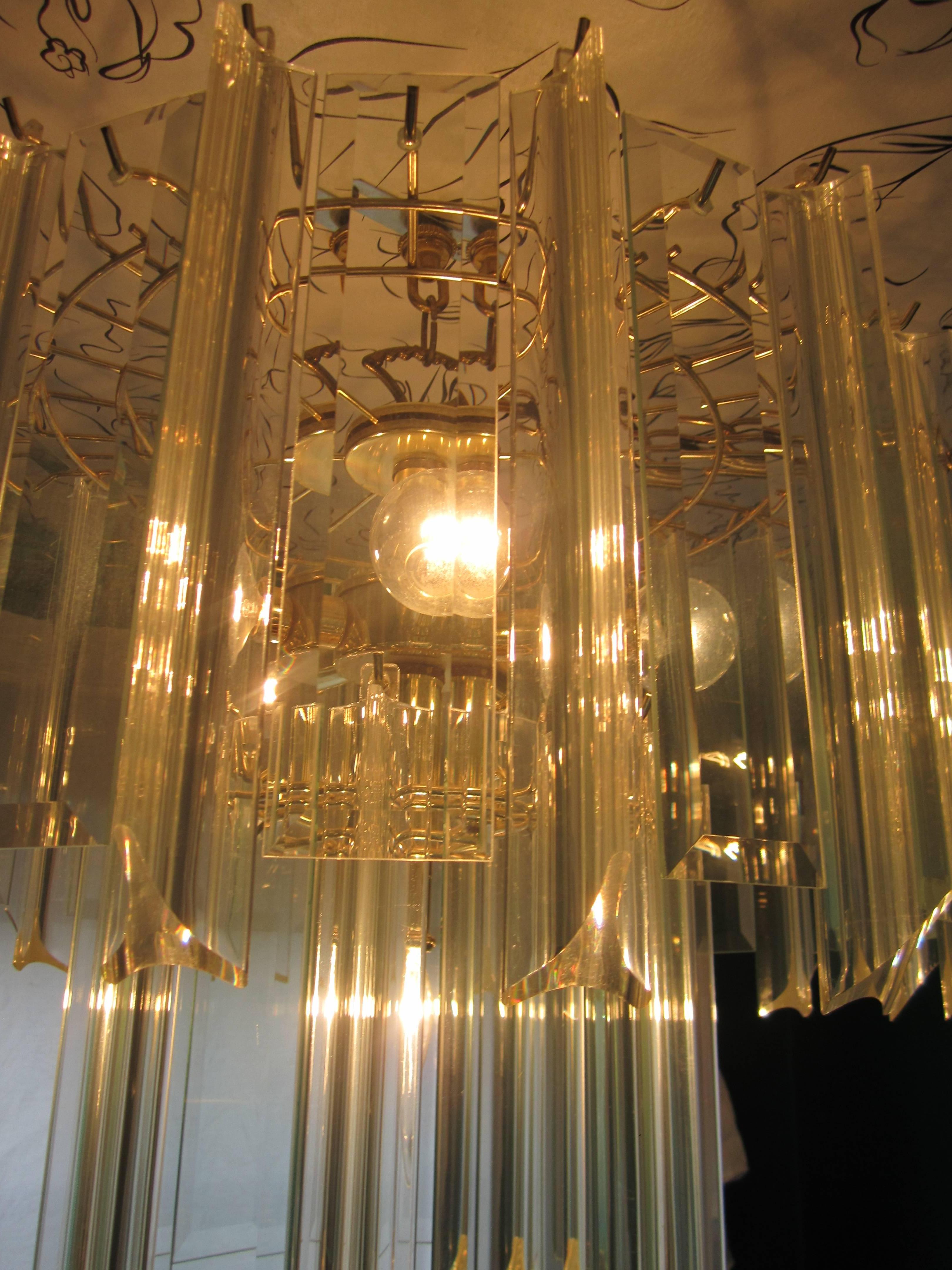 Brass Modern Lucite and Crystal Two-Tier Chandelier, ca. 1960s For Sale