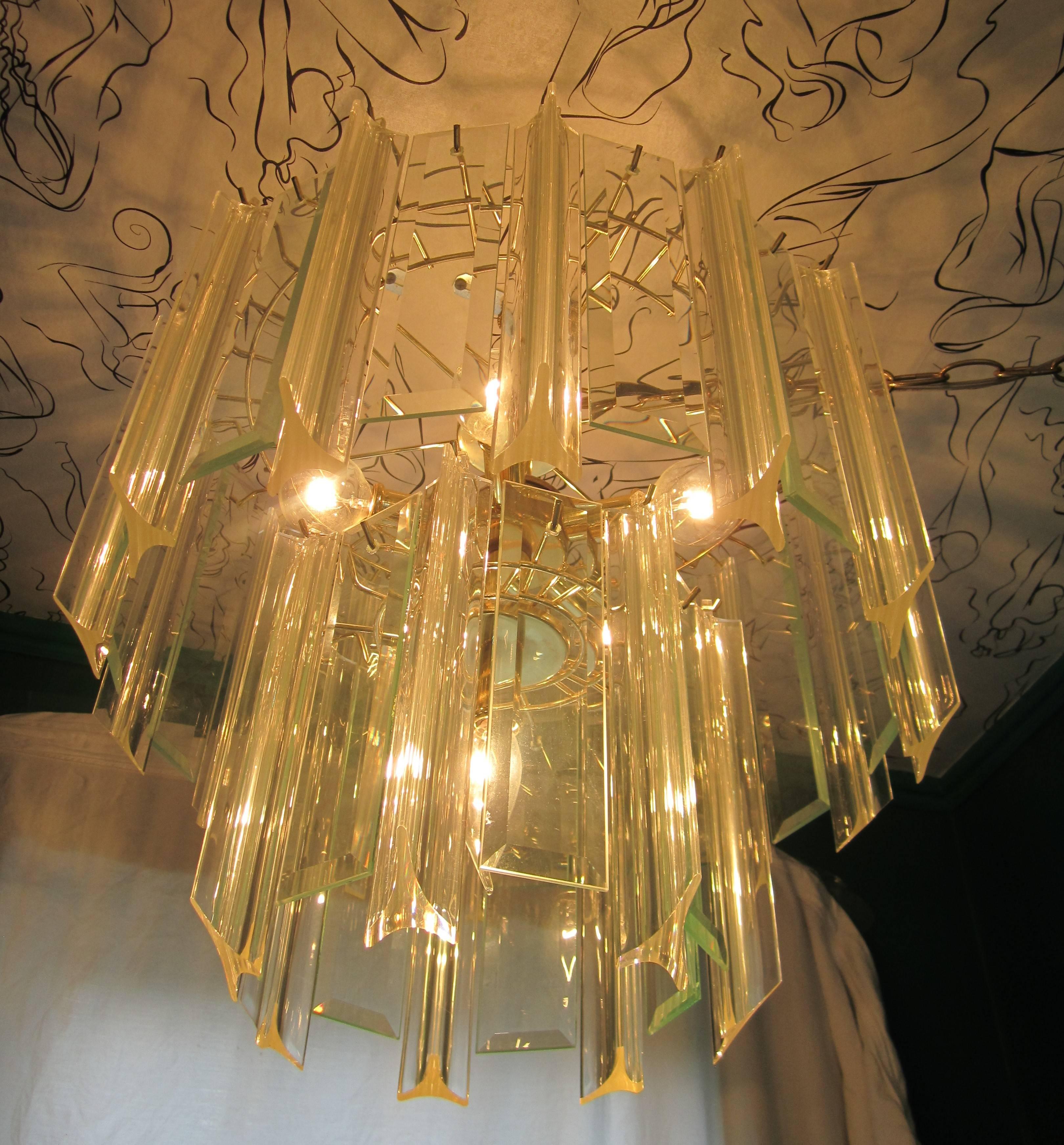 Plated Modern Lucite and Crystal Two-Tier Chandelier, ca. 1960s For Sale