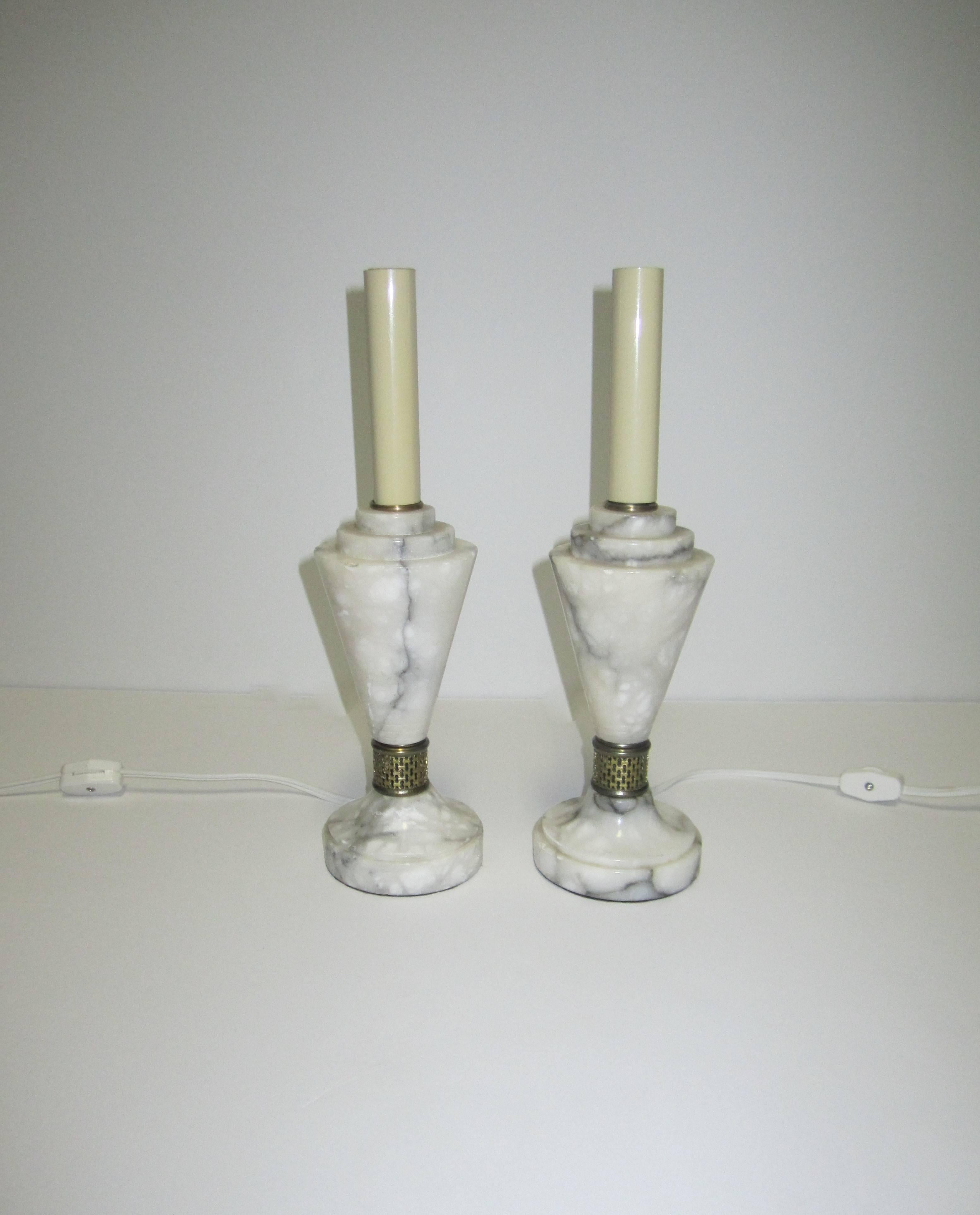 Carrara Marble Art Deco Modern Marble Table Lamps, Pair For Sale
