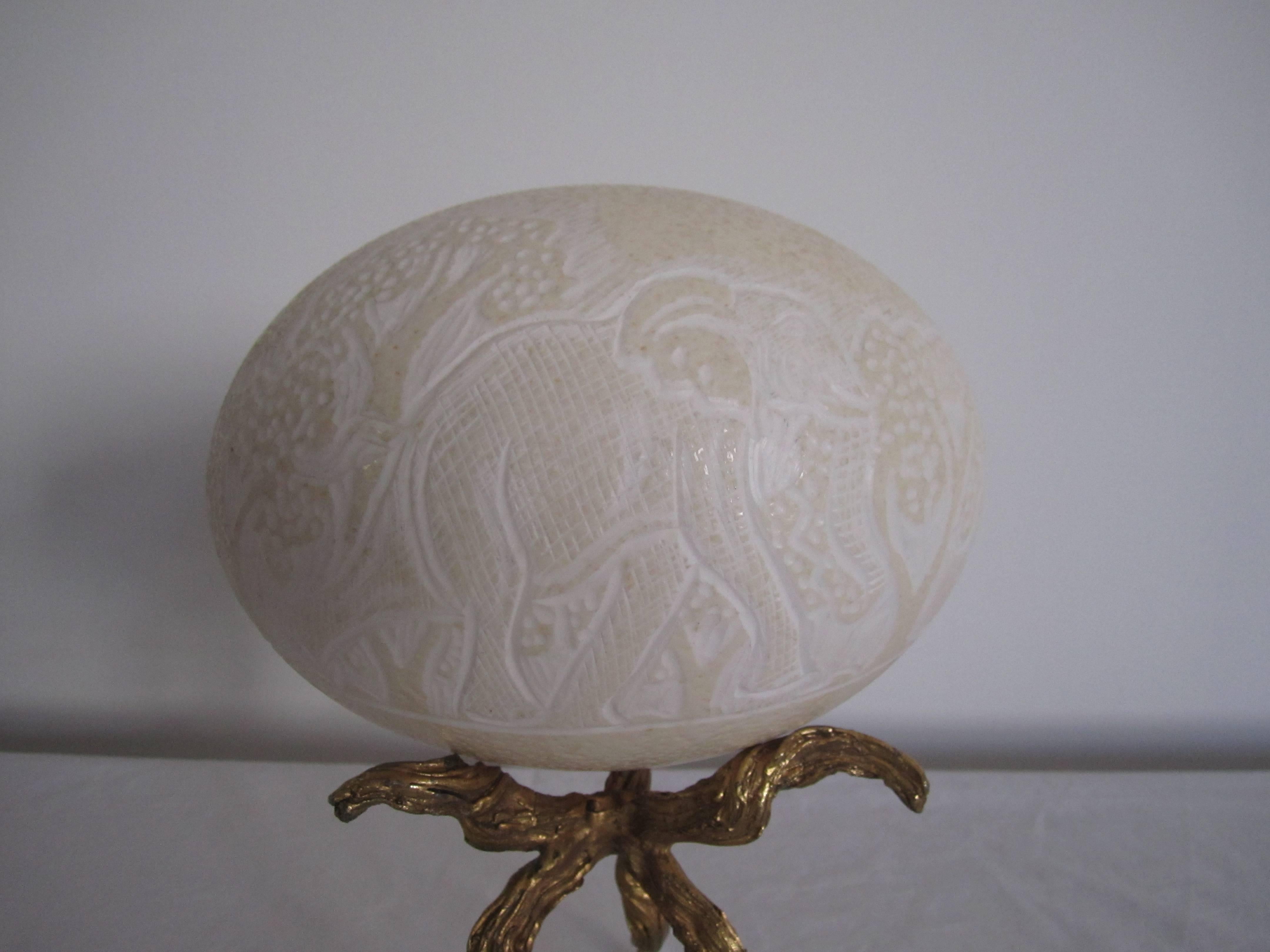 Unknown Elephant and Rhino Craved Ostrich Egg on Twisted Gold Base