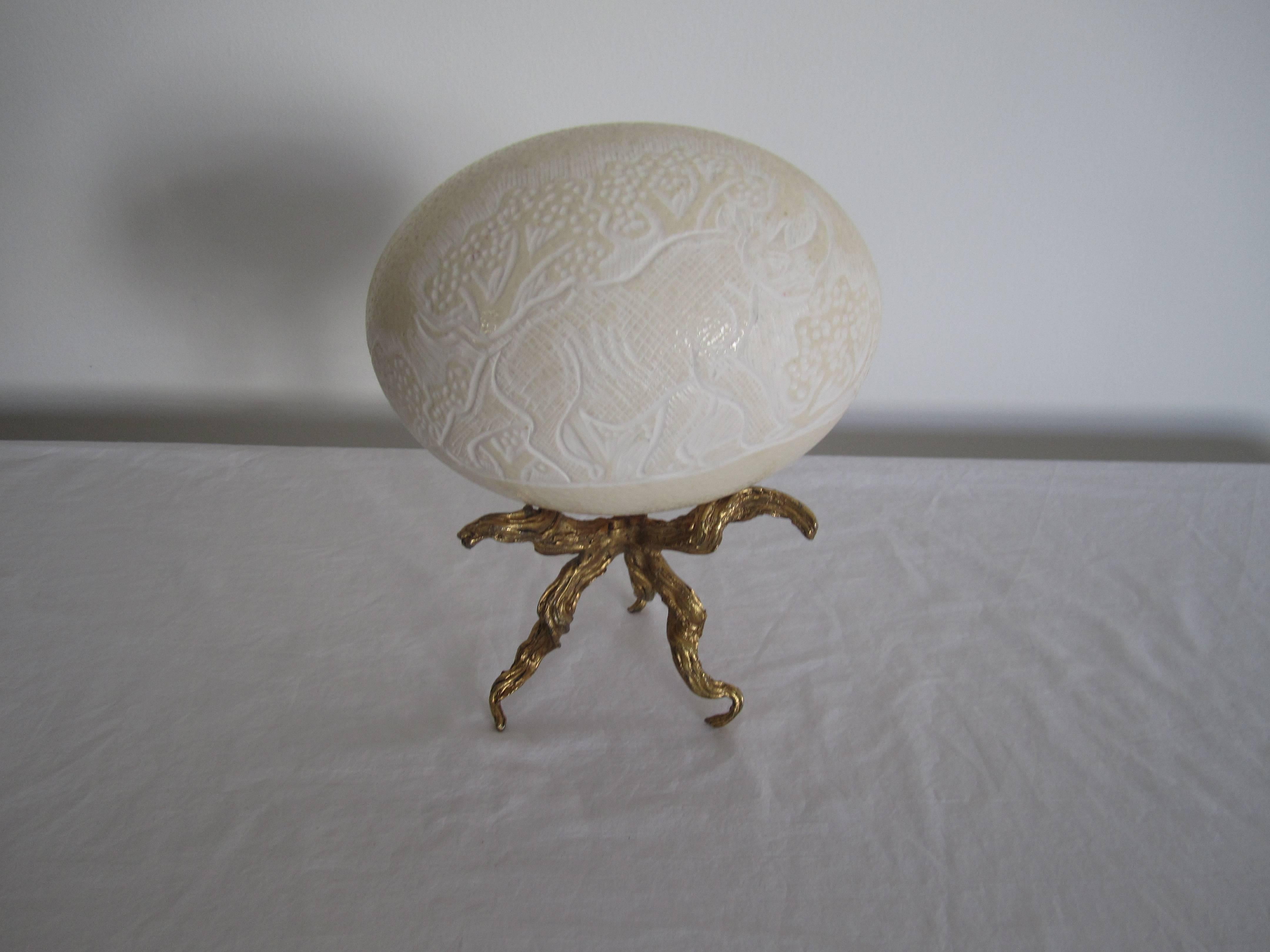 Elephant and Rhino Craved Ostrich Egg on Twisted Gold Base In Good Condition In New York, NY