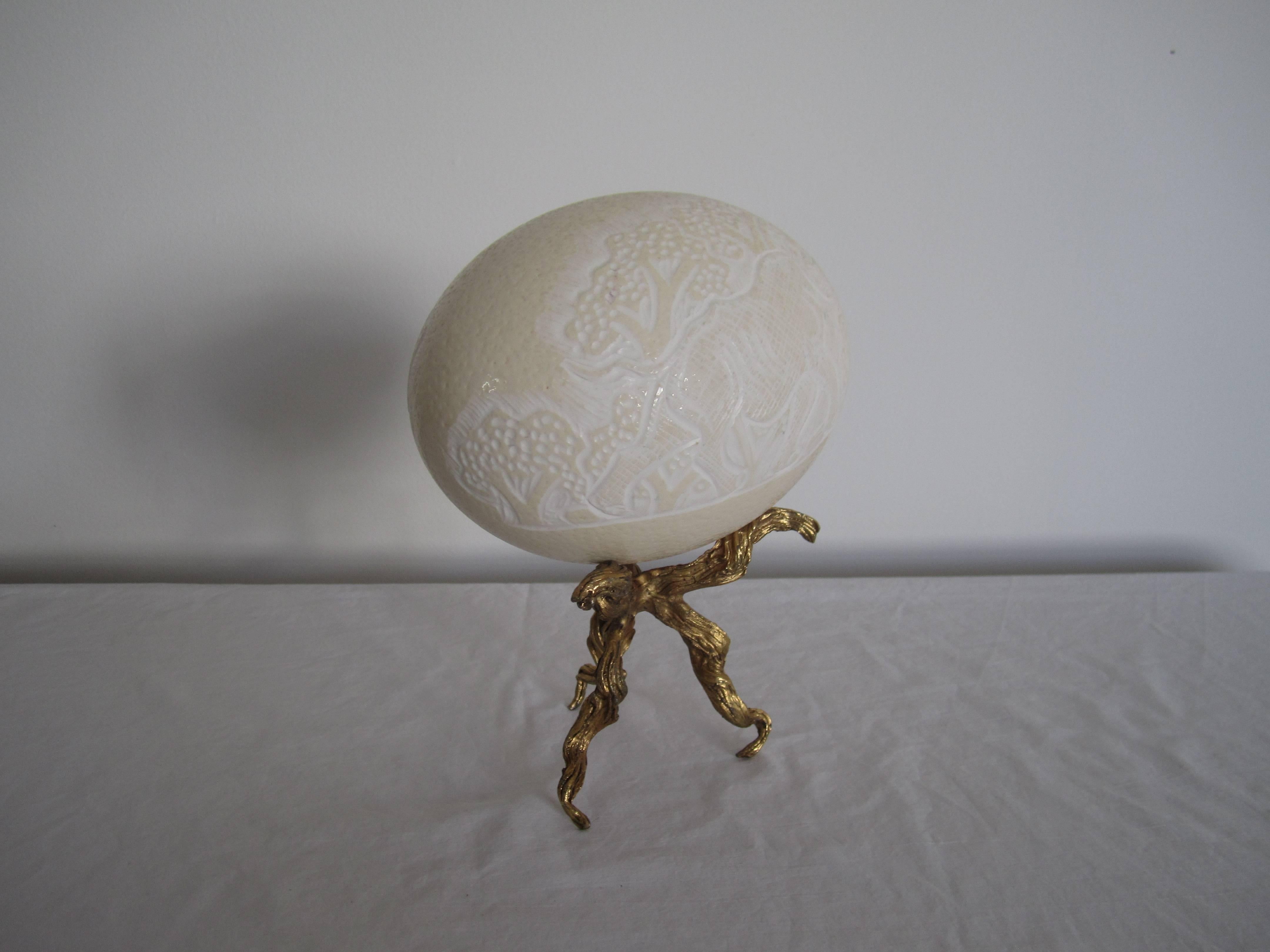 20th Century Elephant and Rhino Craved Ostrich Egg on Twisted Gold Base
