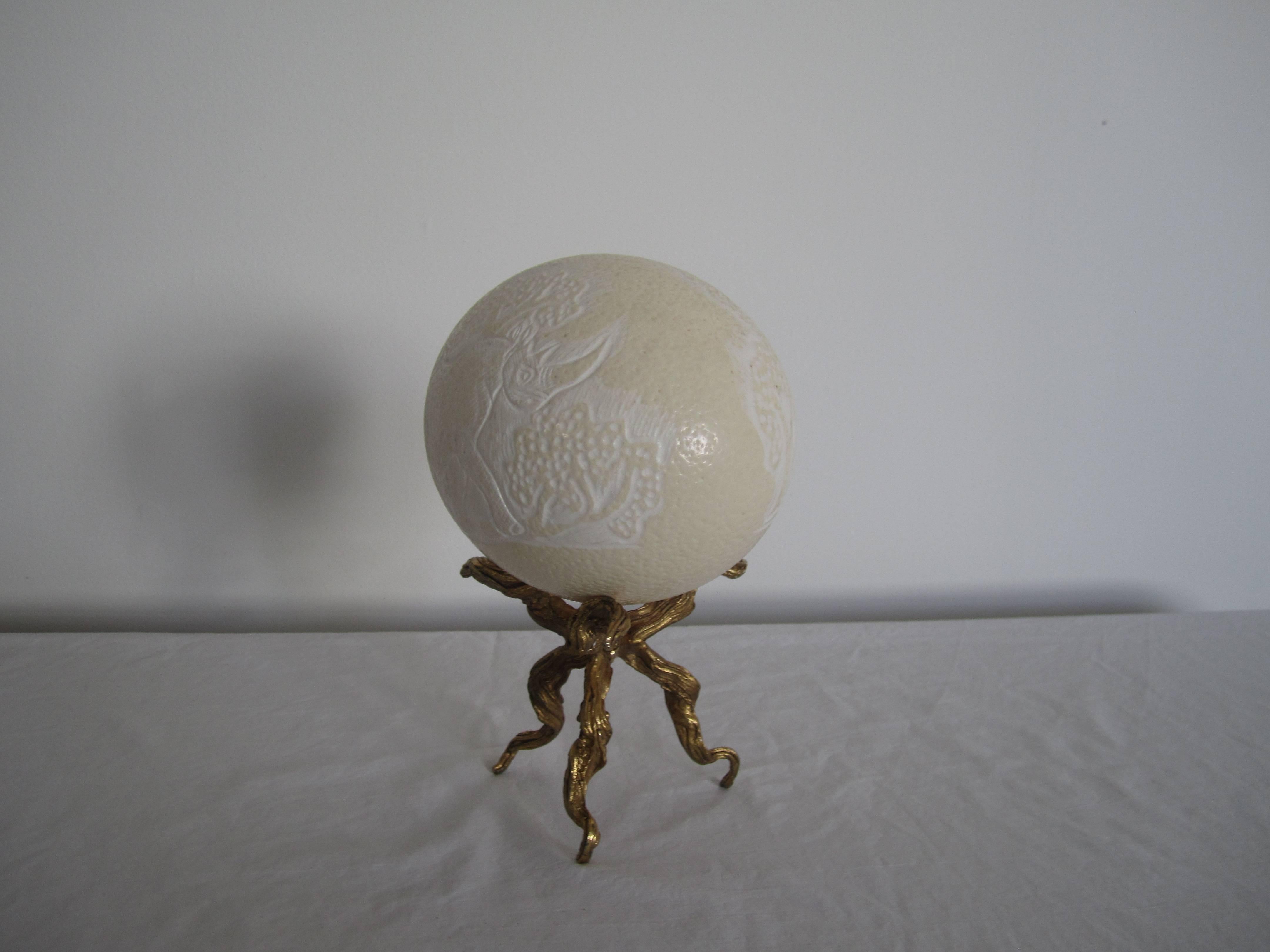 Ostrich Eggshell Elephant and Rhino Craved Ostrich Egg on Twisted Gold Base