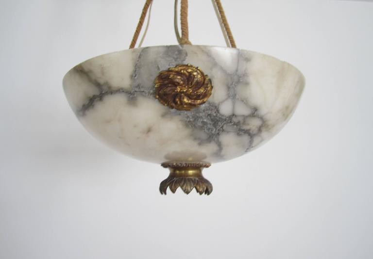 French Alabaster Marble Chandelier with Brass Lotus Keyhole Light For