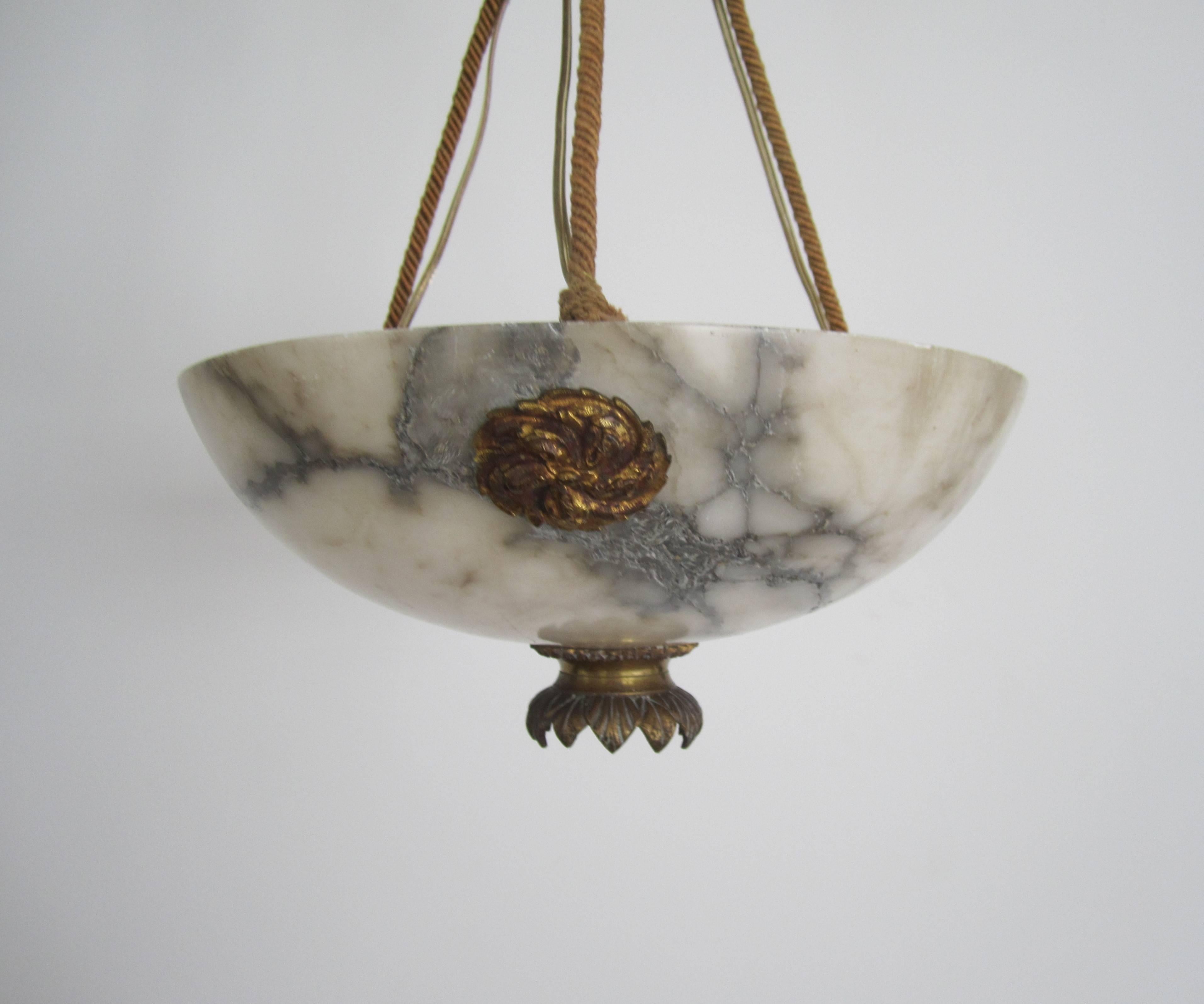 20th Century French Alabaster Marble Chandelier with Brass Lotus Keyhole Light