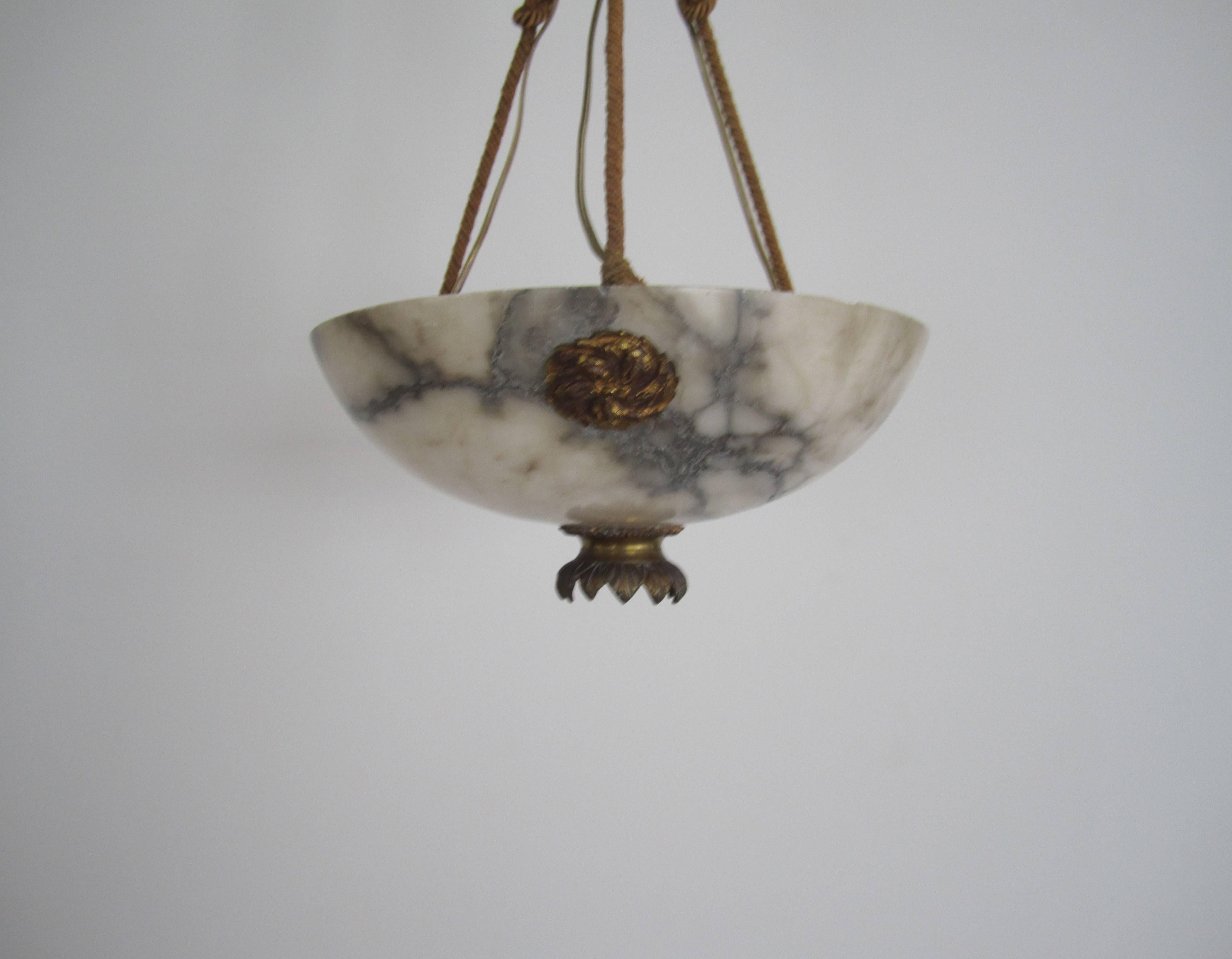 French Alabaster Marble Chandelier with Brass Lotus Keyhole Light 2