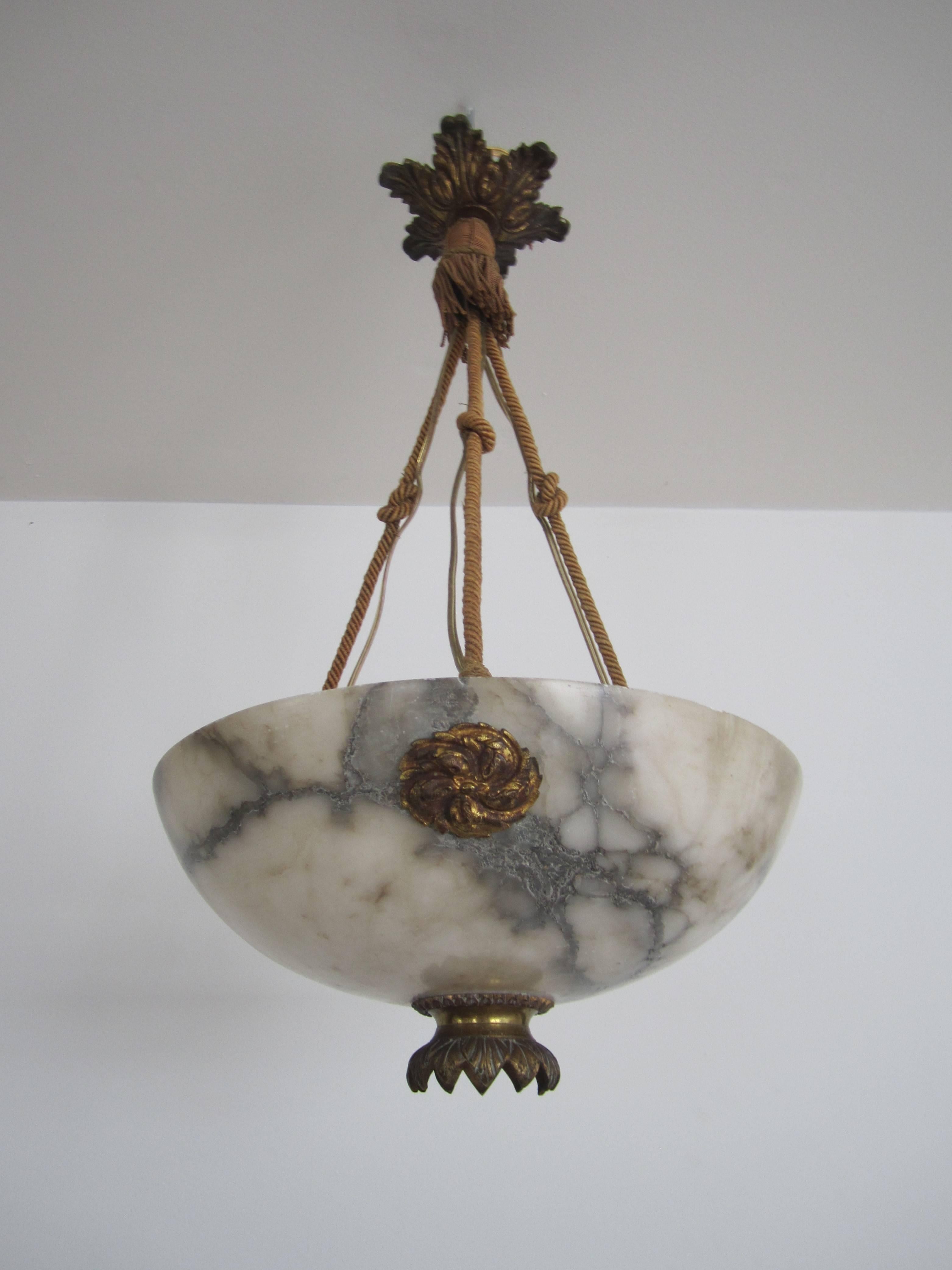 French Alabaster Marble Chandelier with Brass Lotus Keyhole Light 3