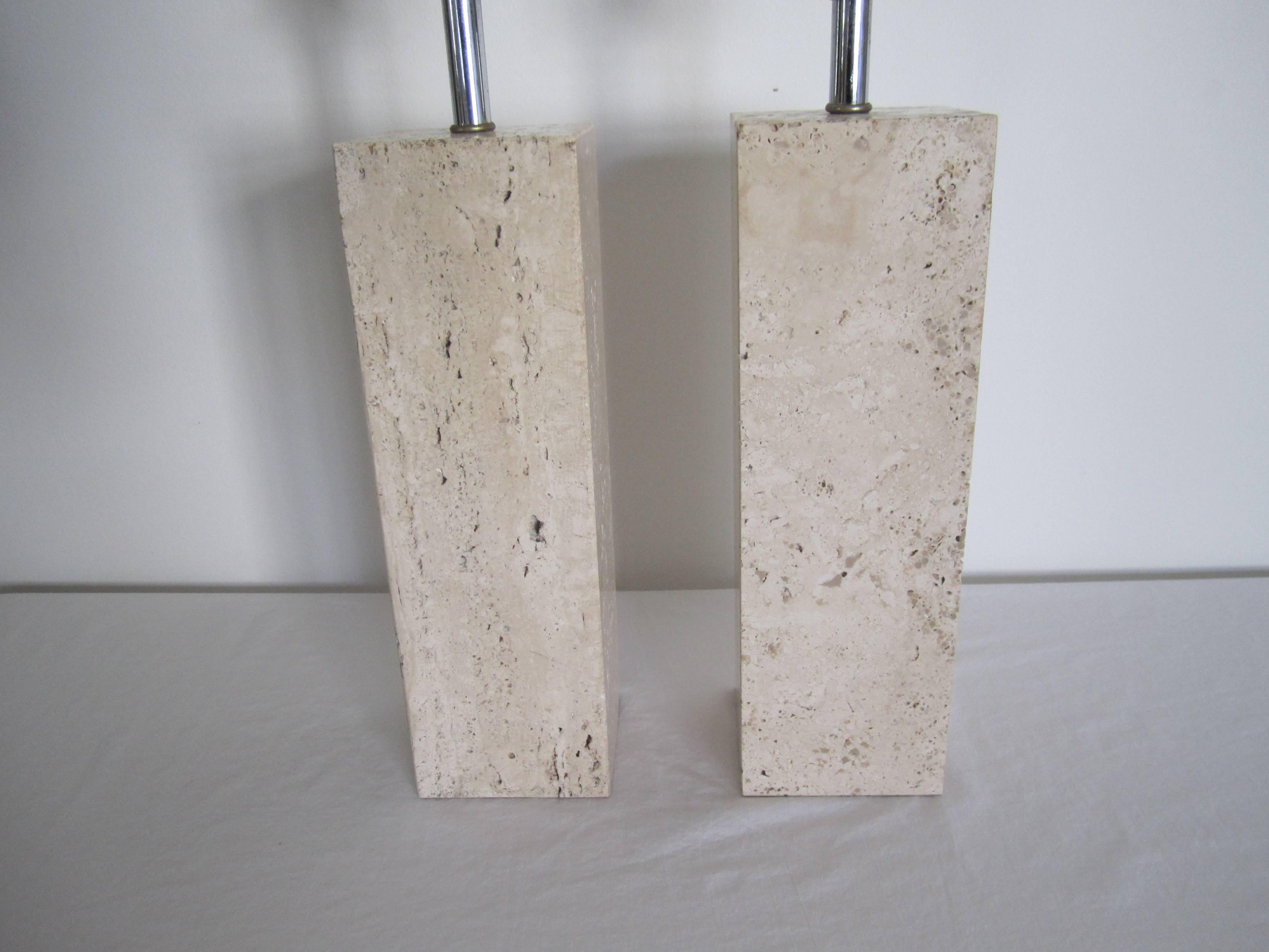 Pair Italian Modern Solid Travertine Marble Table Lamps, Italy 1970s 2