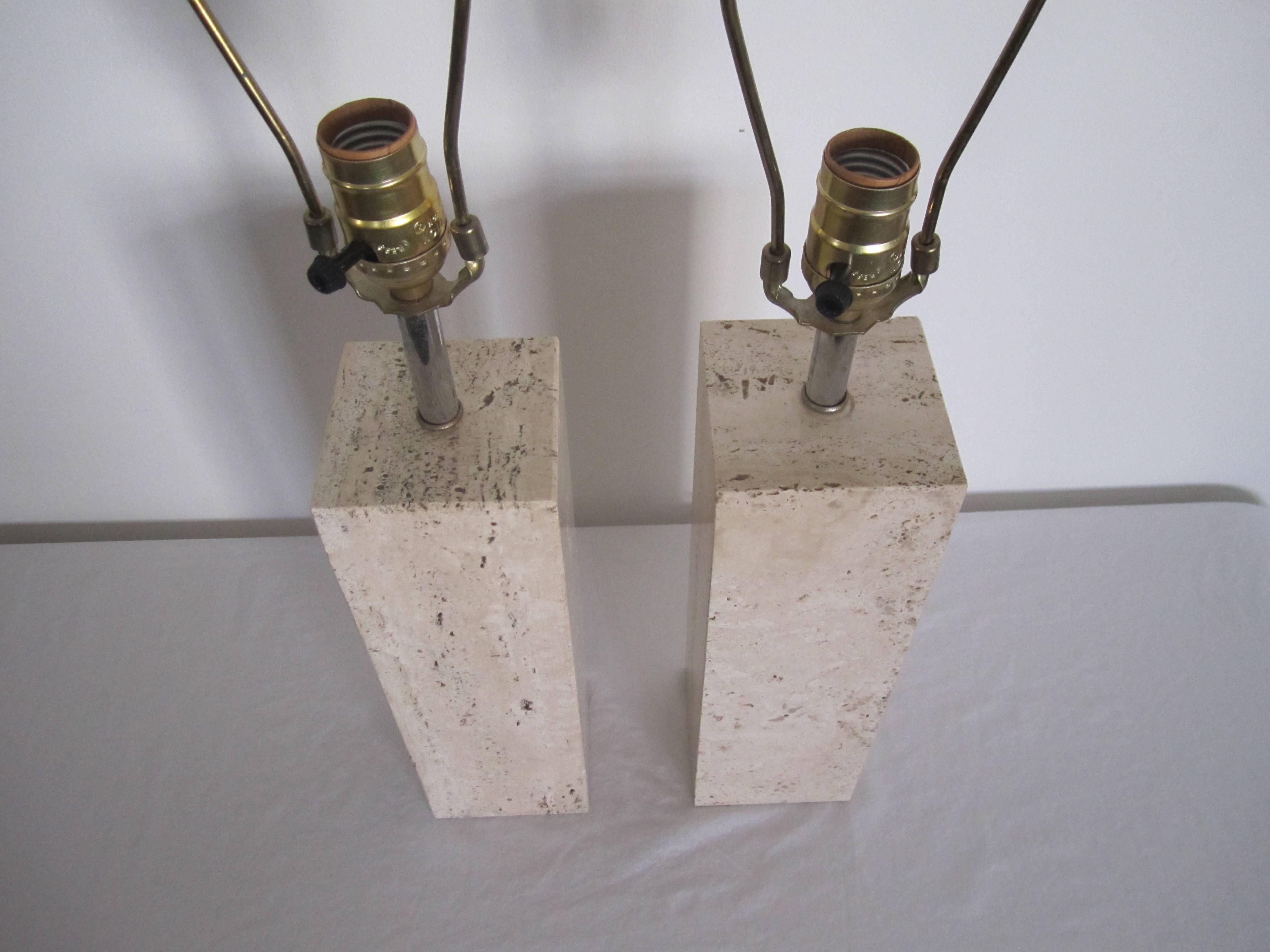 Pair Italian Modern Solid Travertine Marble Table Lamps, Italy 1970s 3