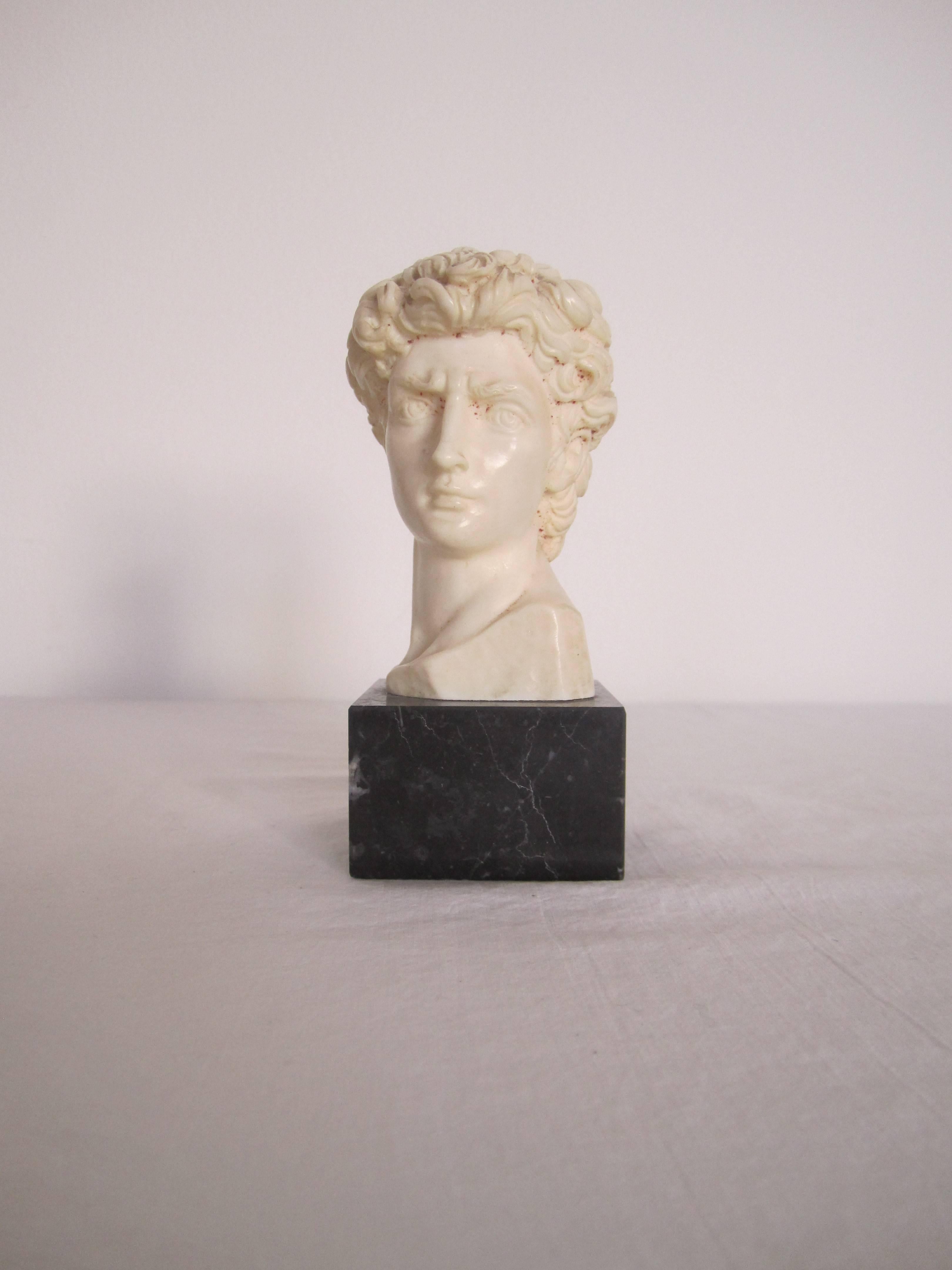 Classic Roman Bust on Black Marble Base after the Statue of David. Resin bust on black marble with white veins base, by sculptor G. Ruggeri. With Makers Mark. Made in Italy. Item available here online, or in my showcase at the Showplace Antique +