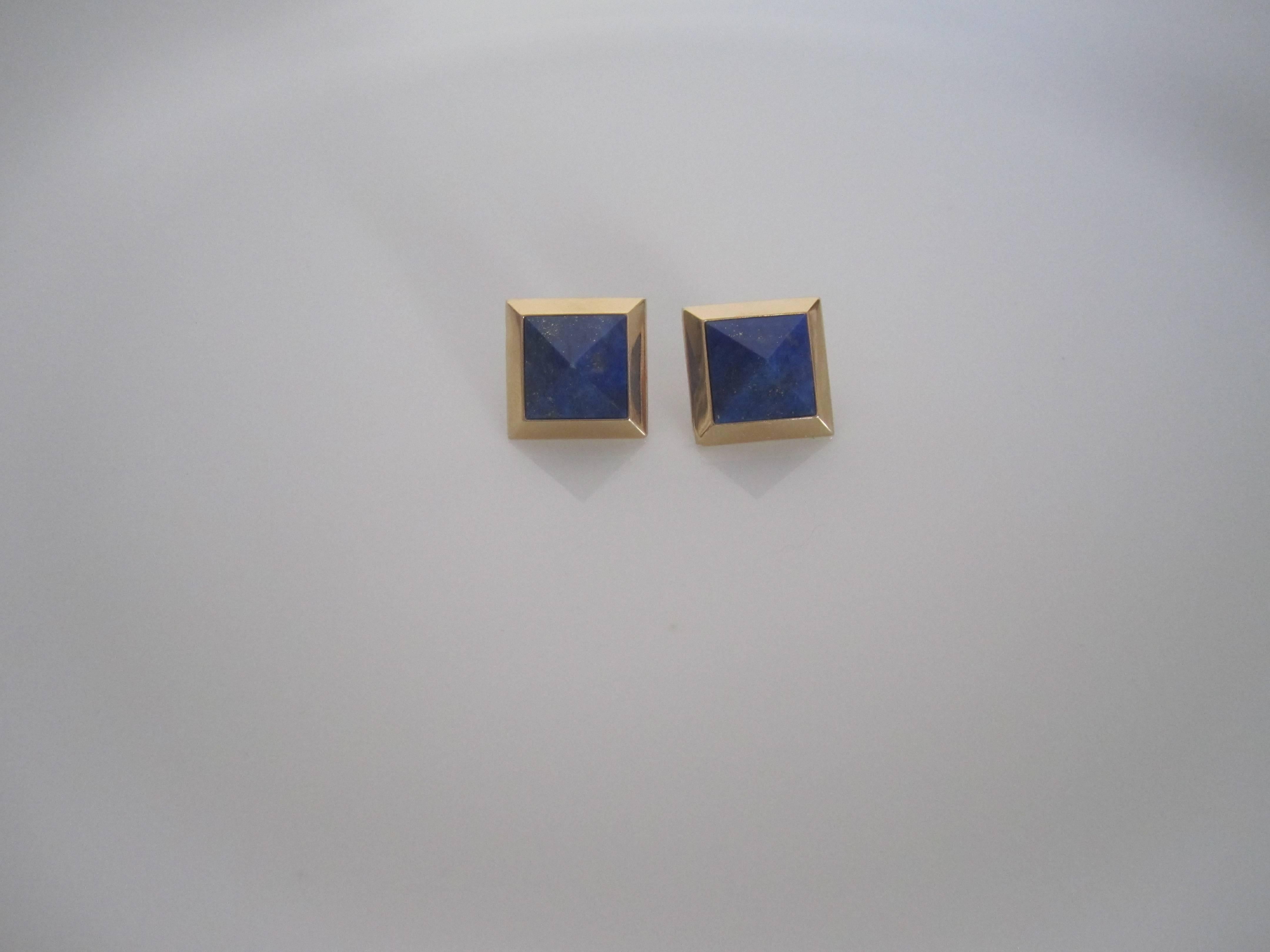 Blue Lapis 14-Karat Gold Pyramid Earrings by Designer Paul Morelli 2