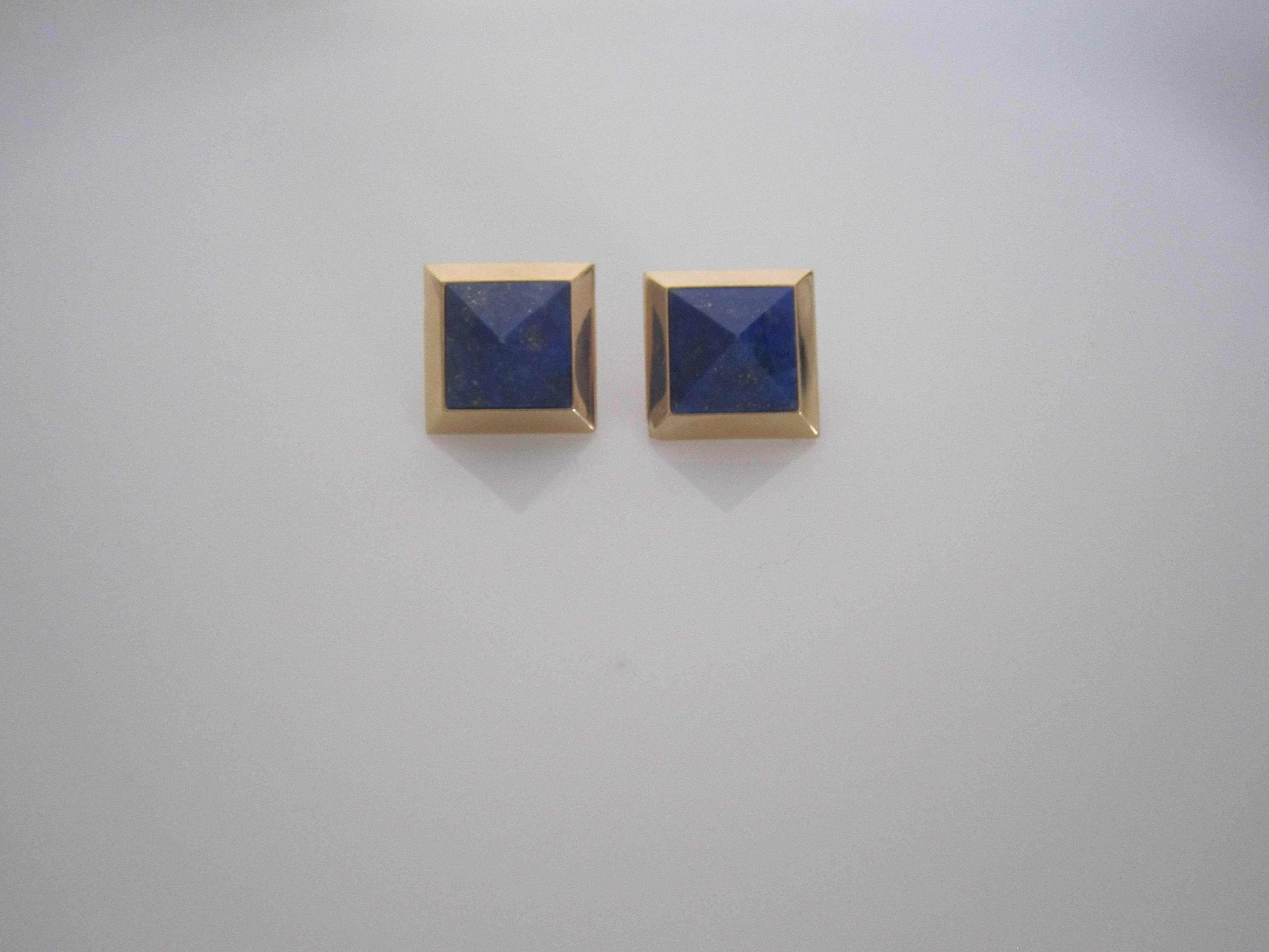 Blue Lapis 14-Karat Gold Pyramid Earrings by Designer Paul Morelli 3