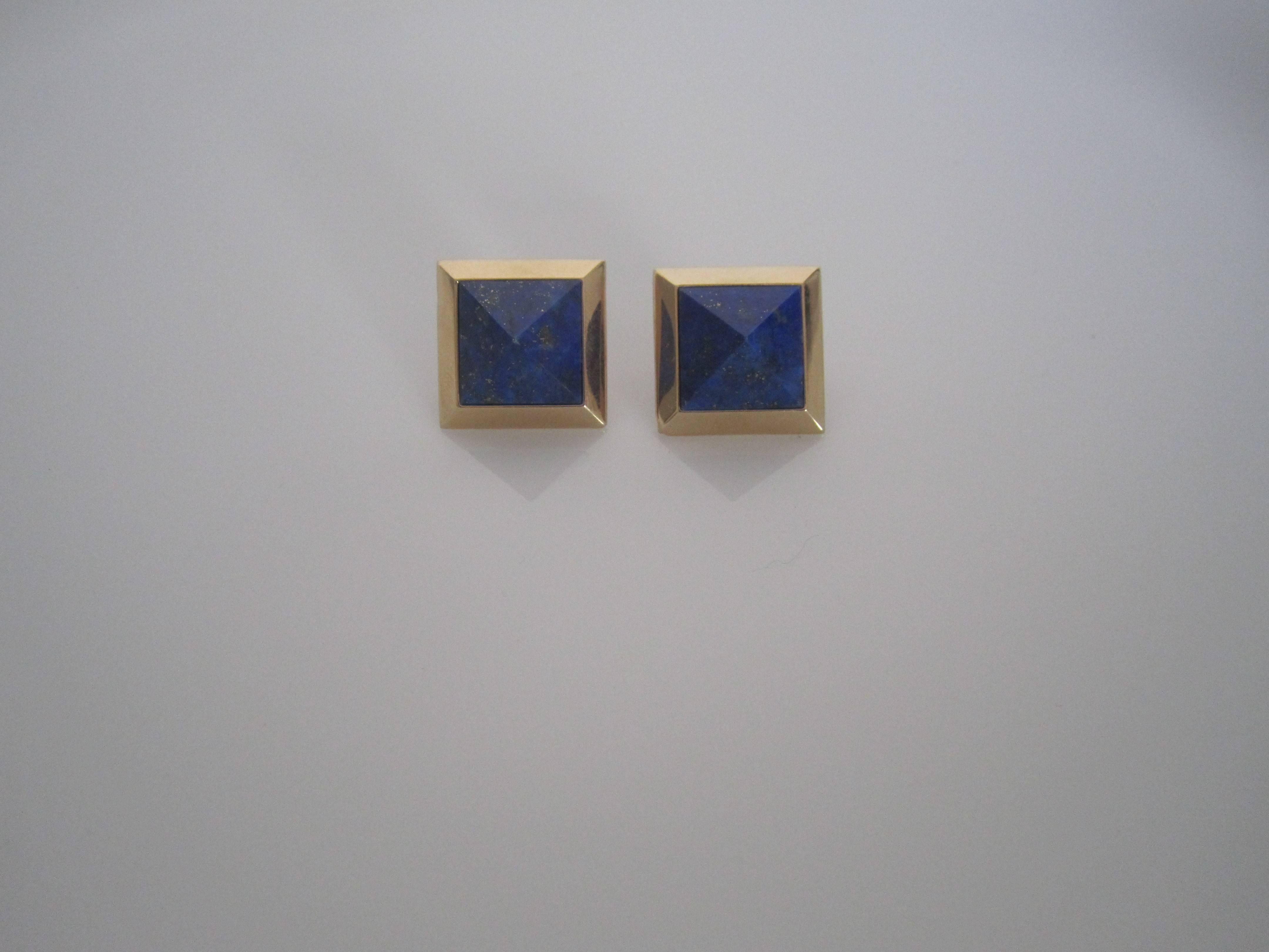 Blue Lapis 14-Karat Gold Pyramid Earrings by Designer Paul Morelli 4