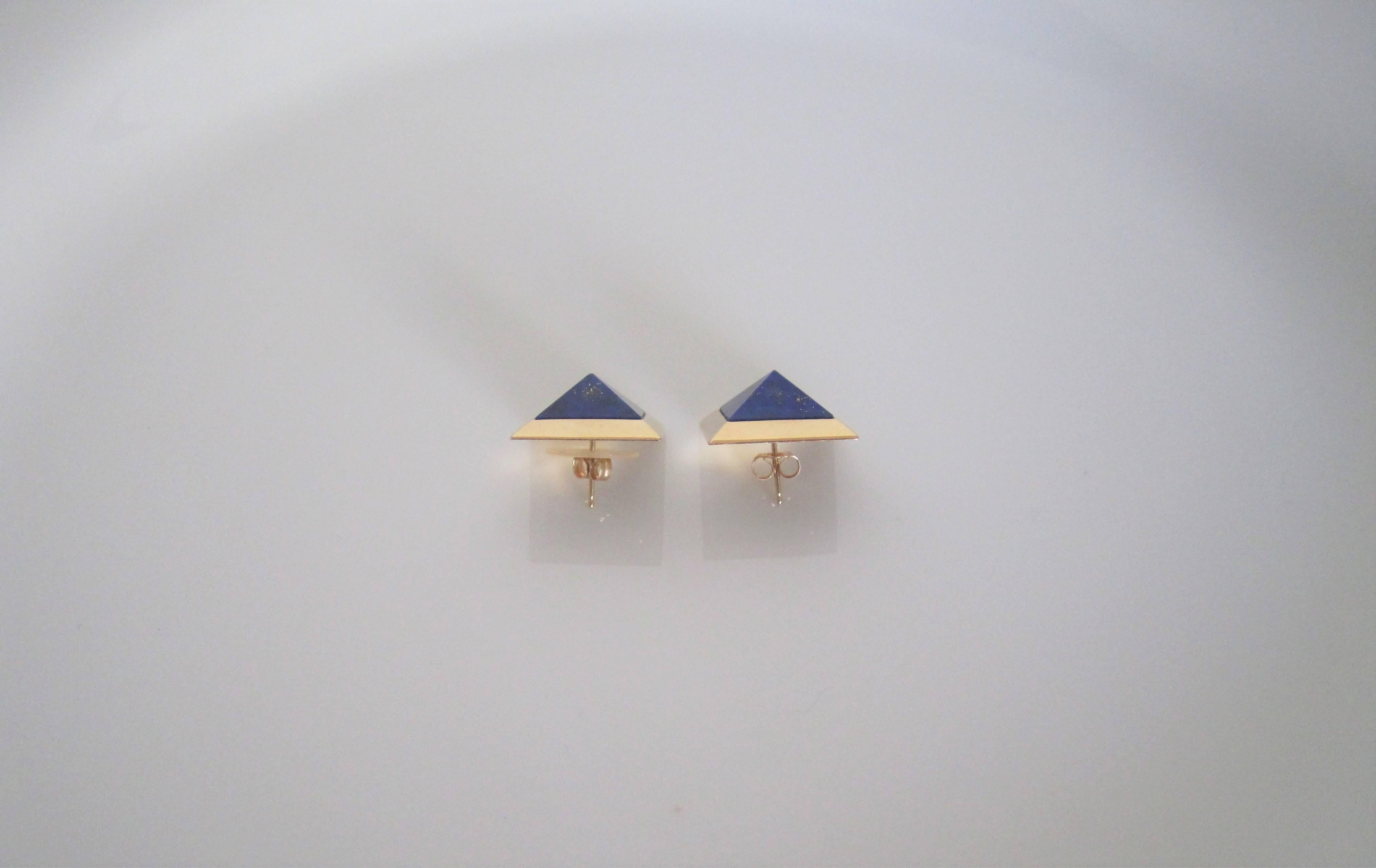 American Blue Lapis 14-Karat Gold Pyramid Earrings by Designer Paul Morelli