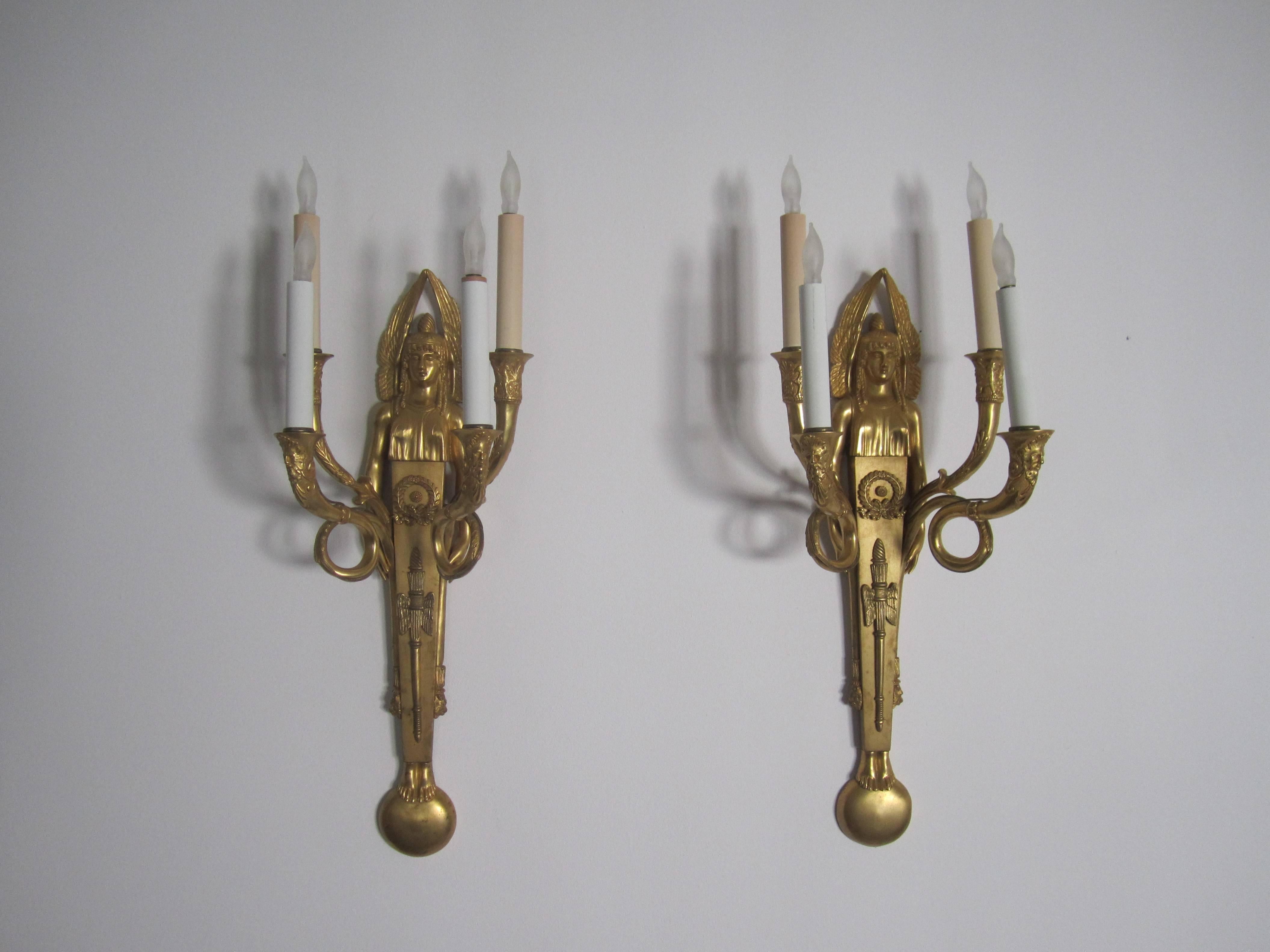 French  Pair Egyptian Revival Dore Bronze Wall Sconces