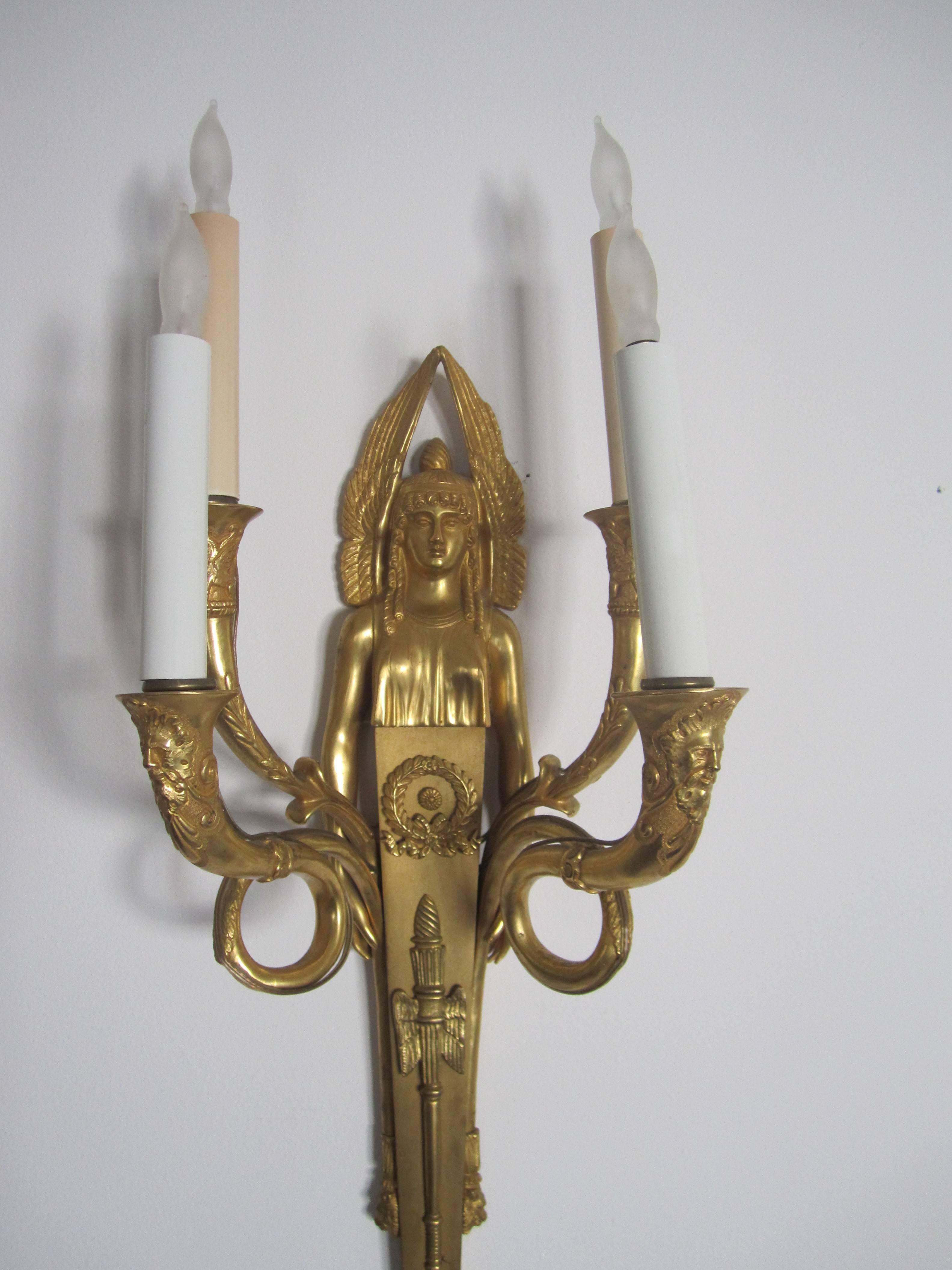  Pair Egyptian Revival Dore Bronze Wall Sconces In Excellent Condition In New York, NY