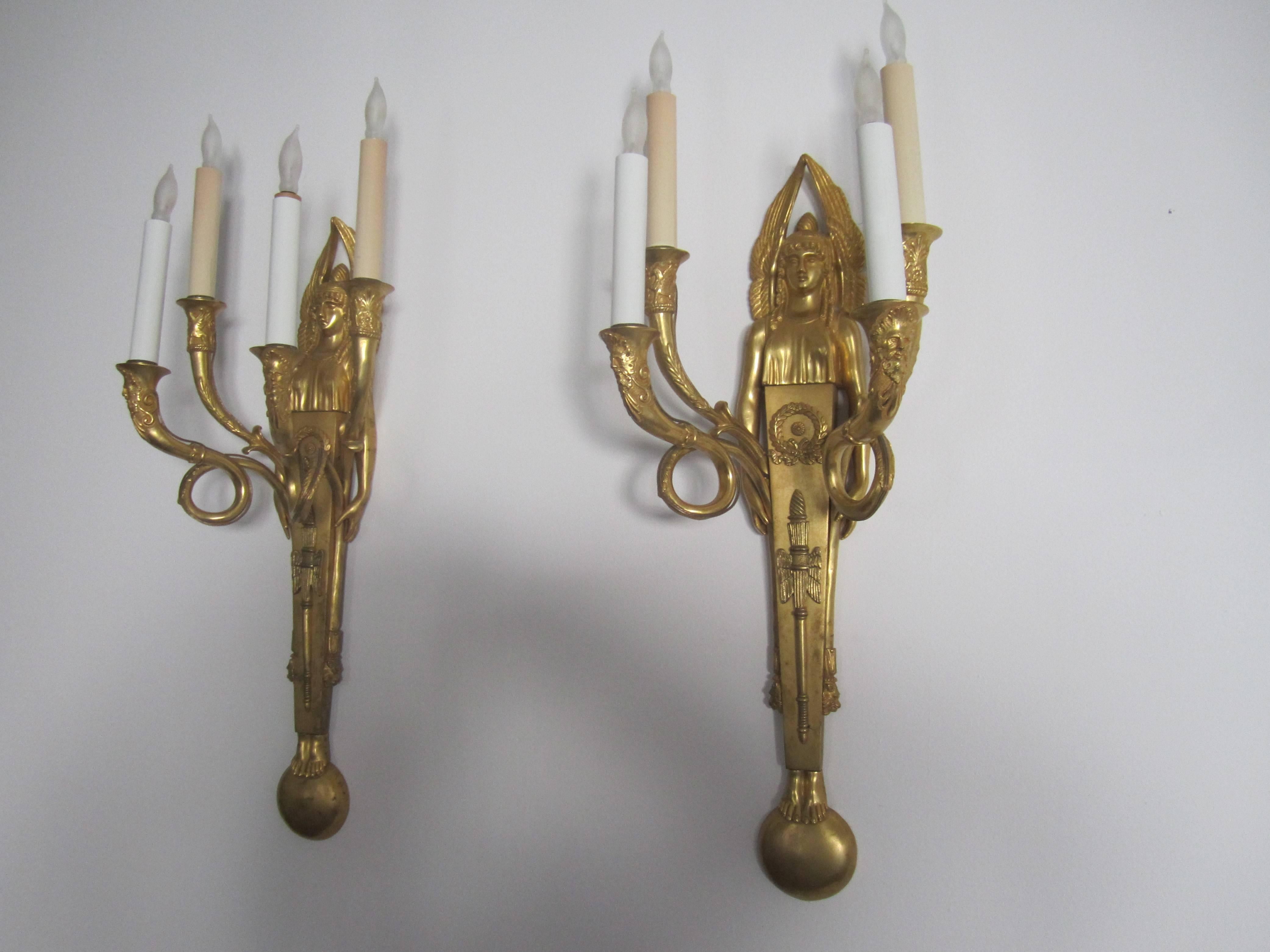  Pair Egyptian Revival Dore Bronze Wall Sconces 2