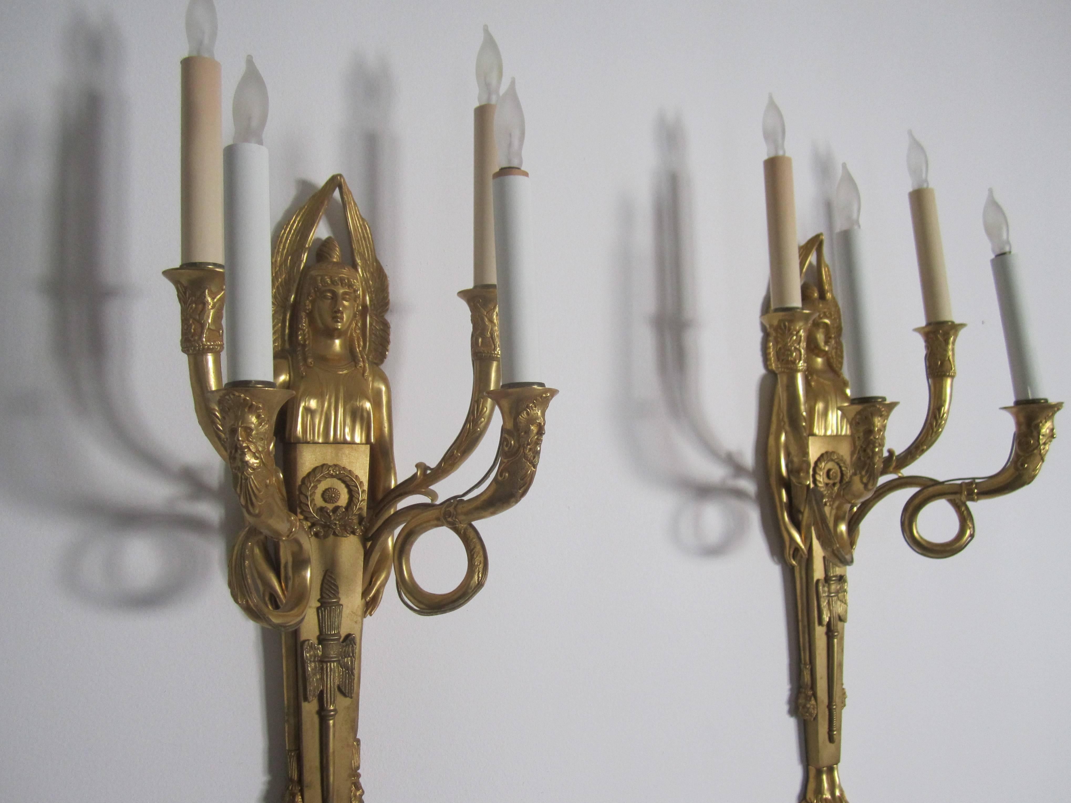 Pair Egyptian Revival Dore Bronze Wall Sconces 1