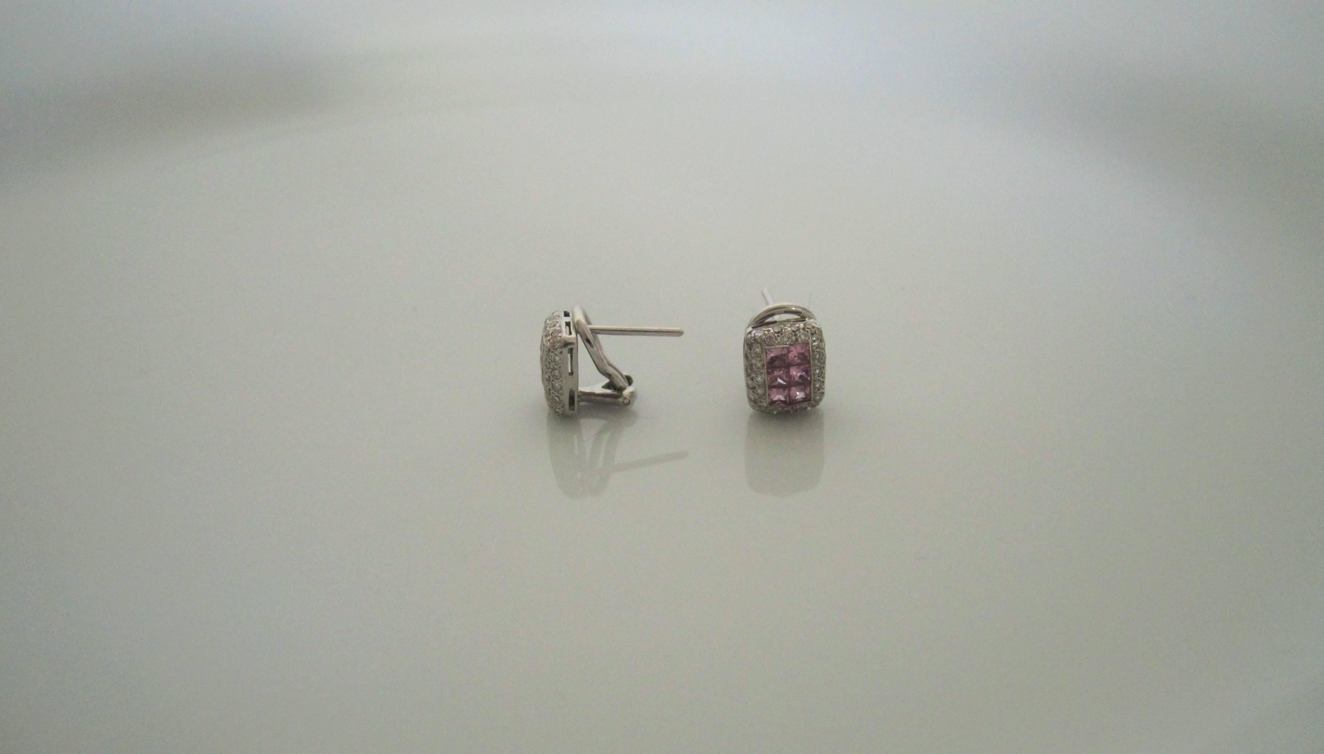 20th Century 18-Karat White Gold Pave Diamonds and Pink Sapphire Earrings