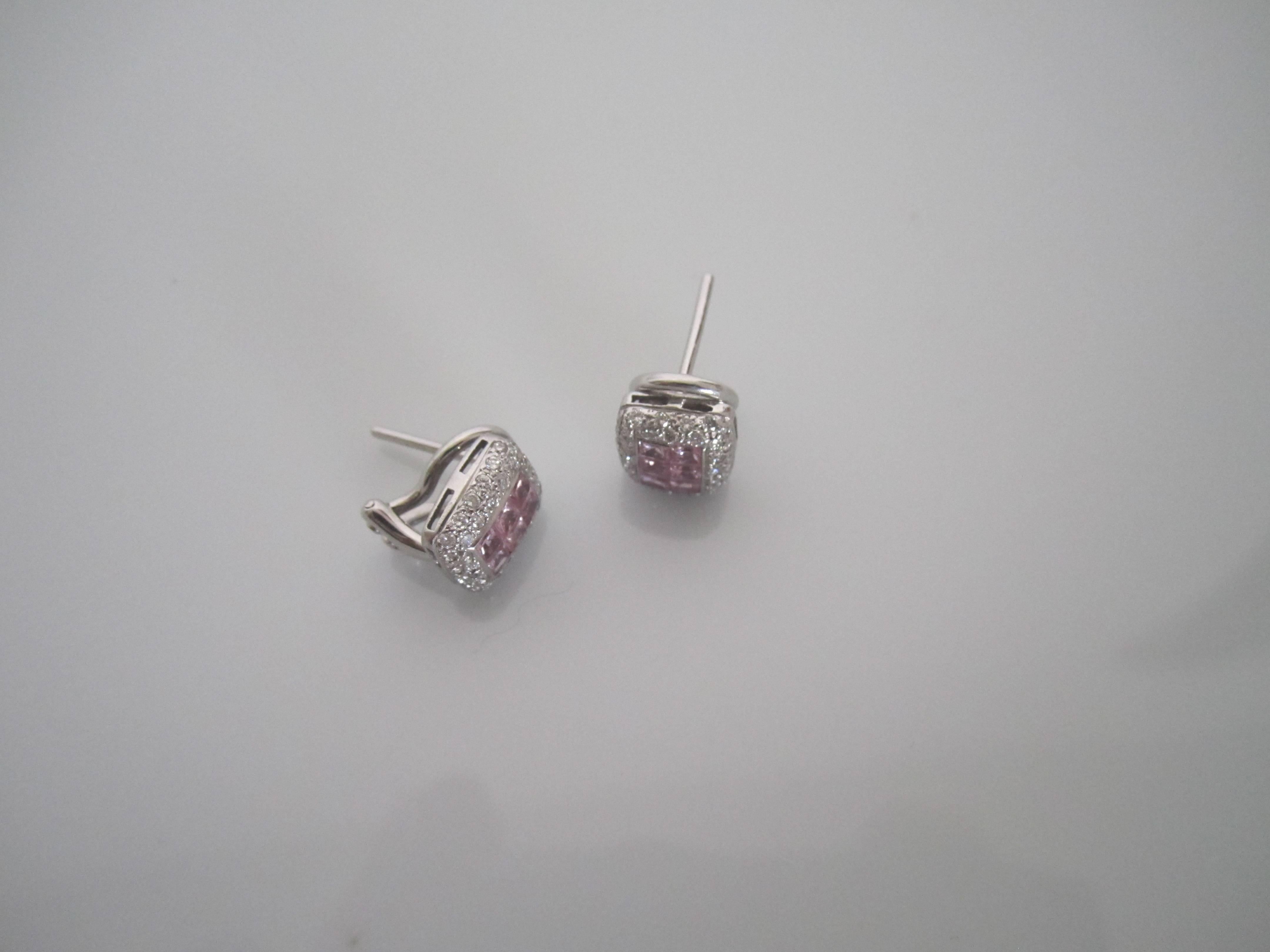 Unknown 18-Karat White Gold Pave Diamonds and Pink Sapphire Earrings