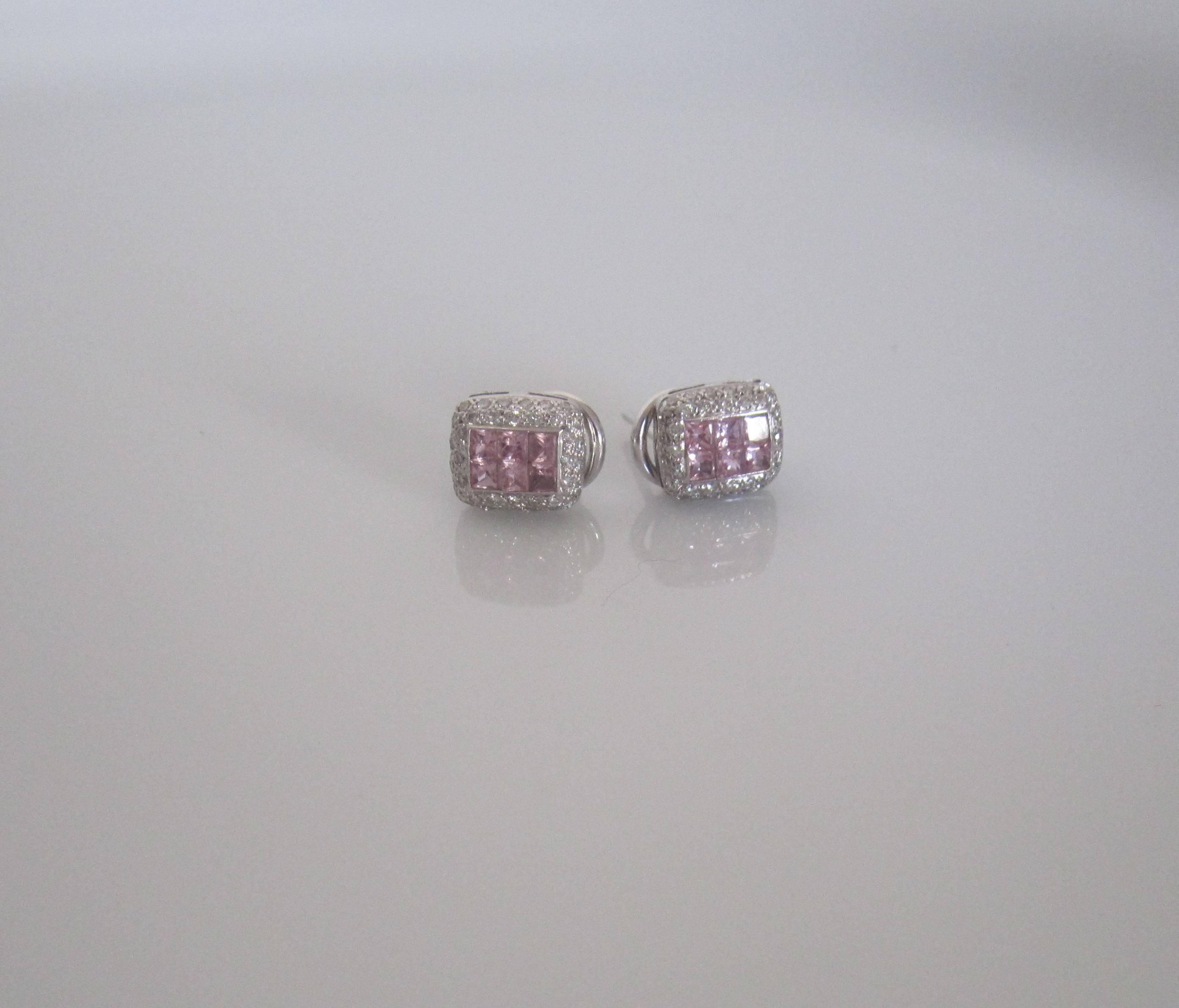 18-Karat White Gold Pave Diamonds and Pink Sapphire Earrings In Excellent Condition In New York, NY