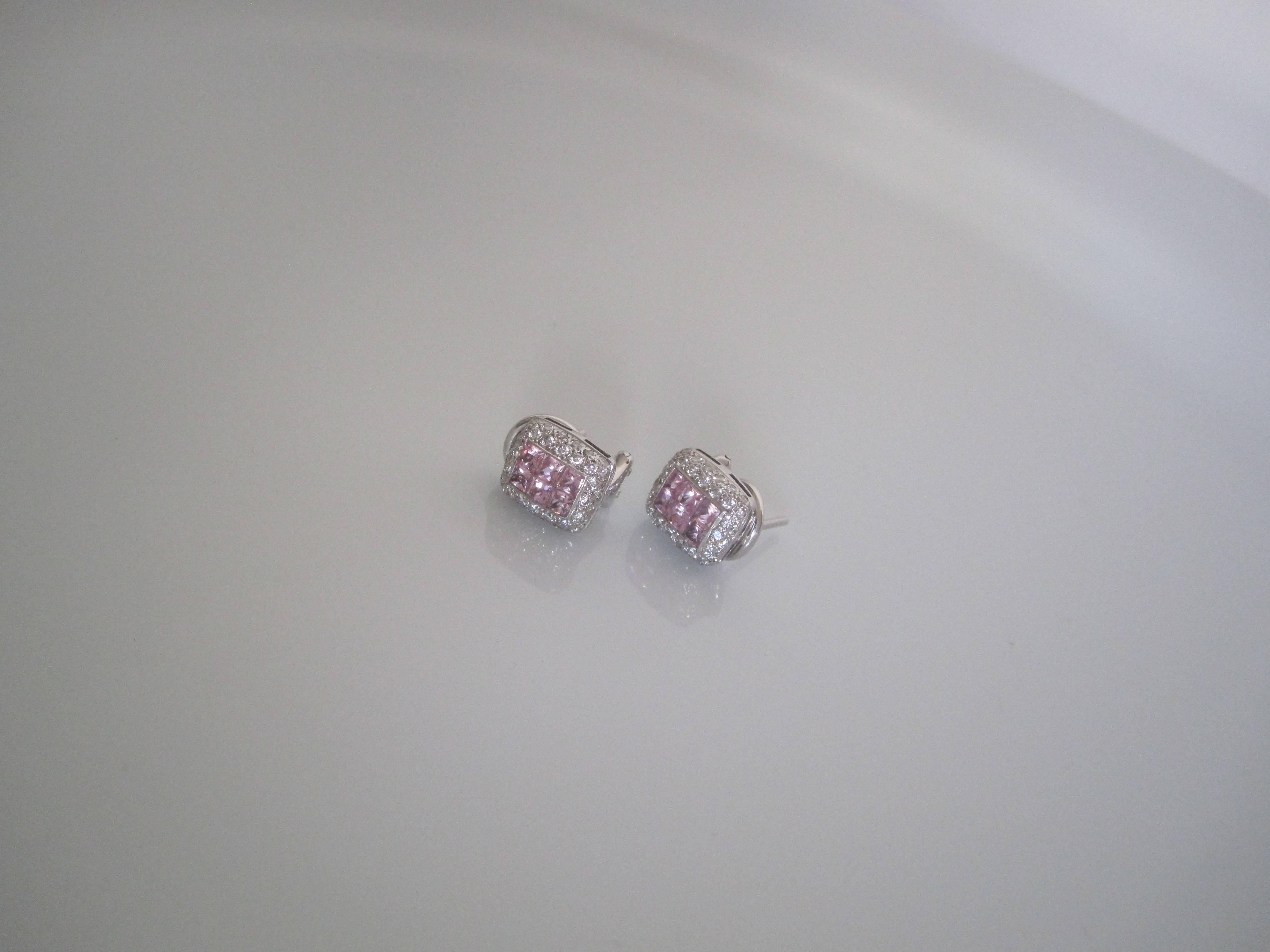 18-Karat White Gold Pave Diamonds and Pink Sapphire Earrings 1