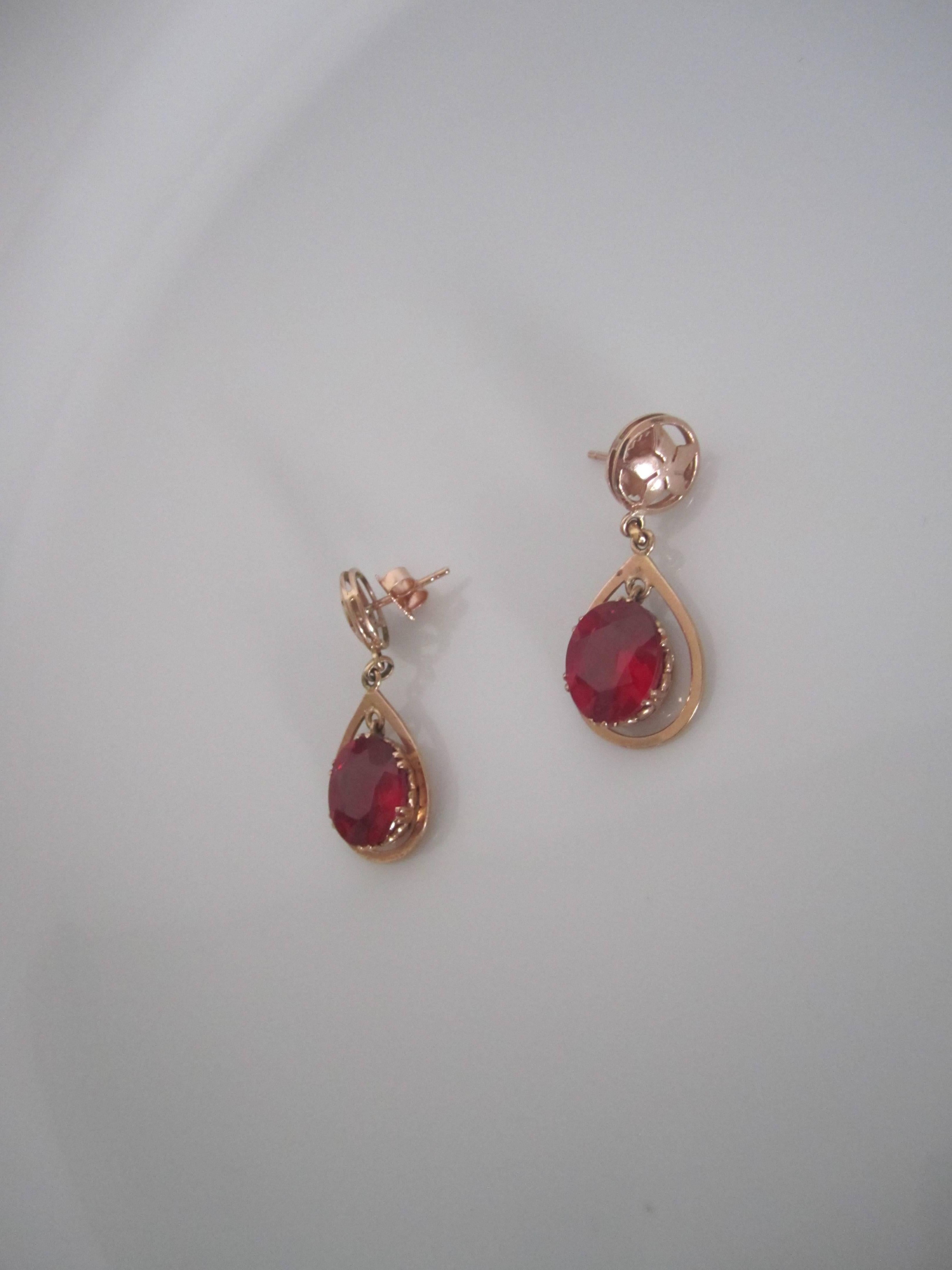 Unknown Vintage 14-Karat Pink Gold Earrings with Red Ruby Style Stones