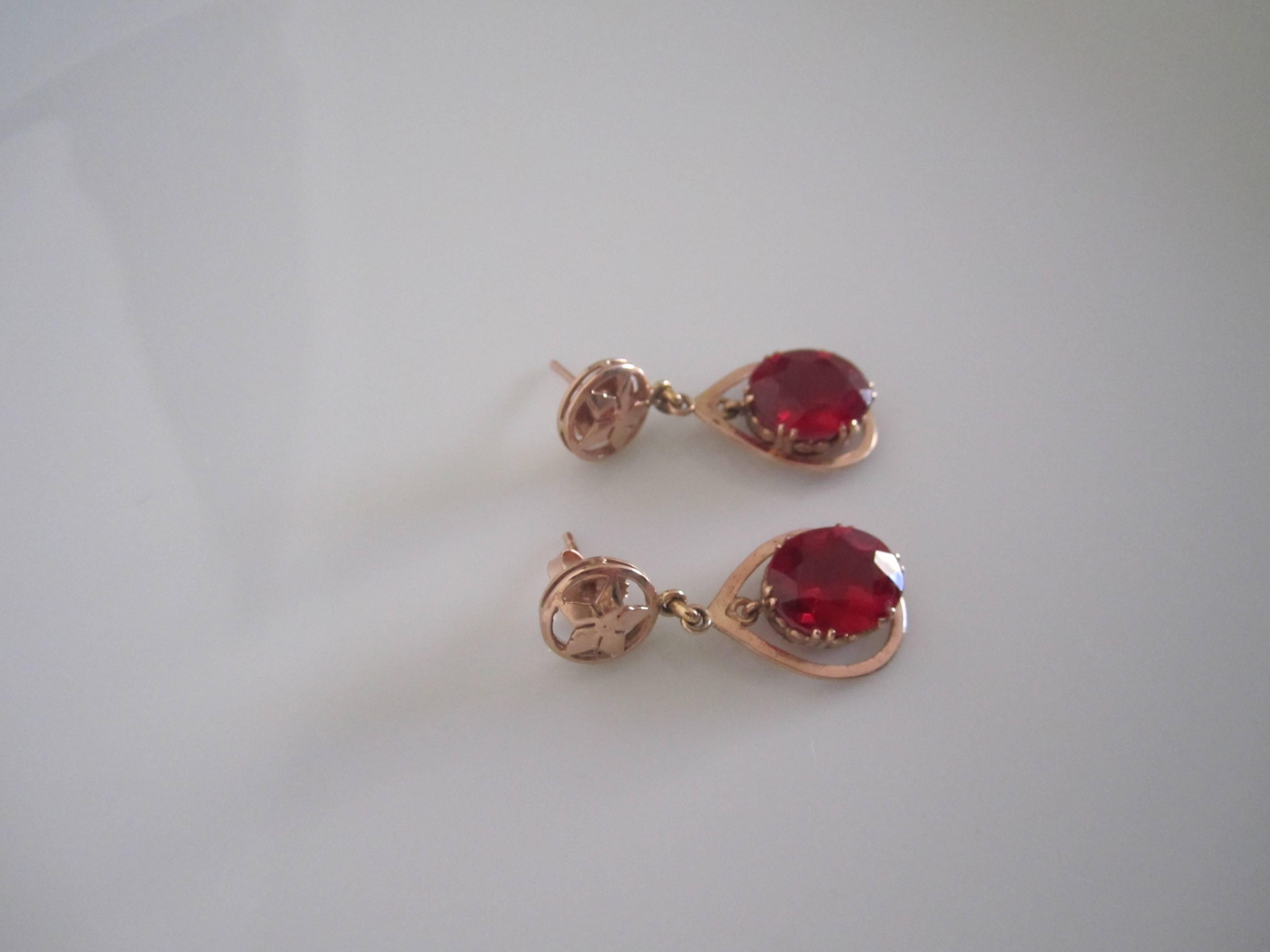Vintage 14-Karat Pink Gold Earrings with Red Ruby Style Stones 1