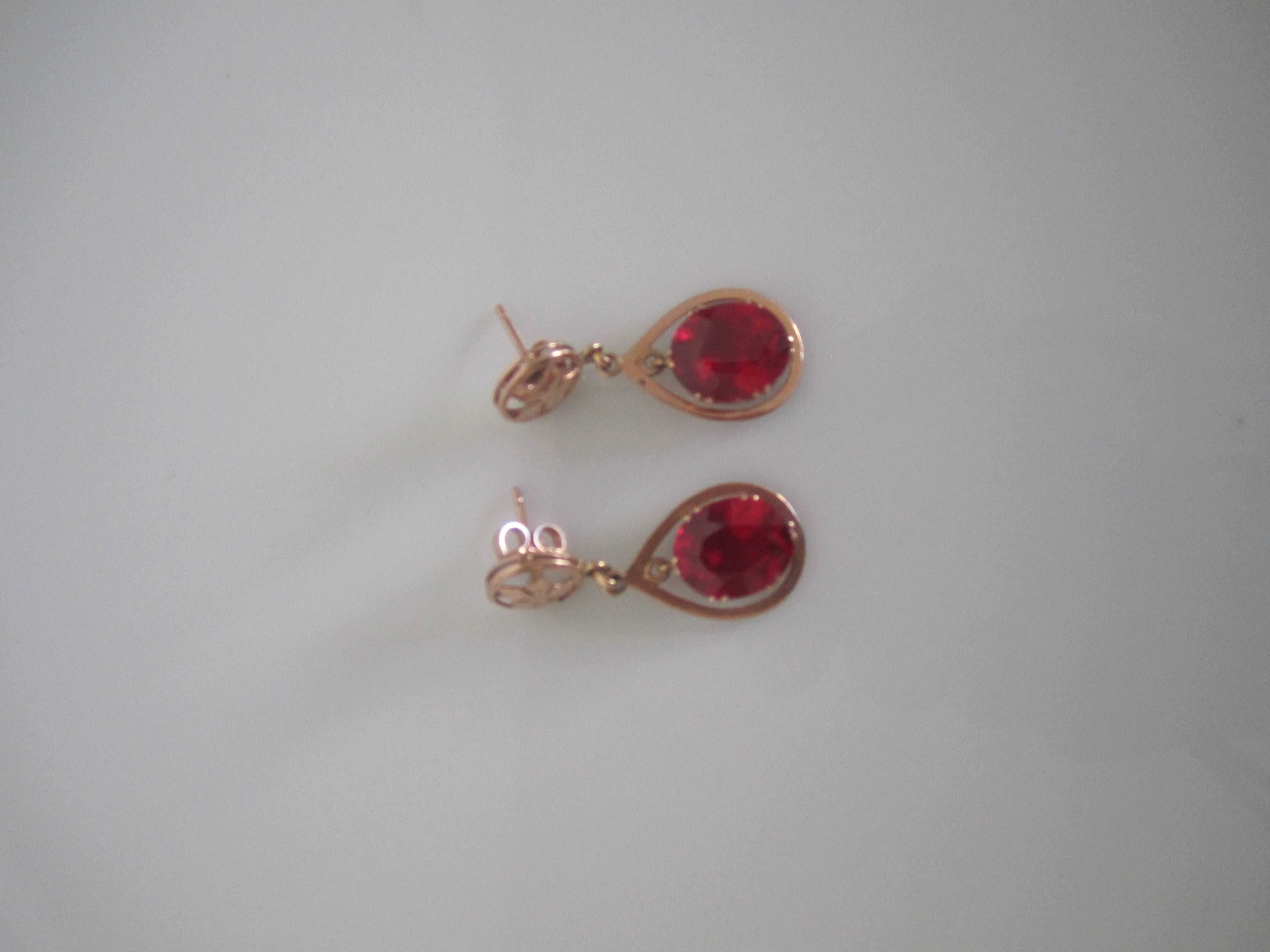 Vintage 14-Karat Pink Gold Earrings with Red Ruby Style Stones 2