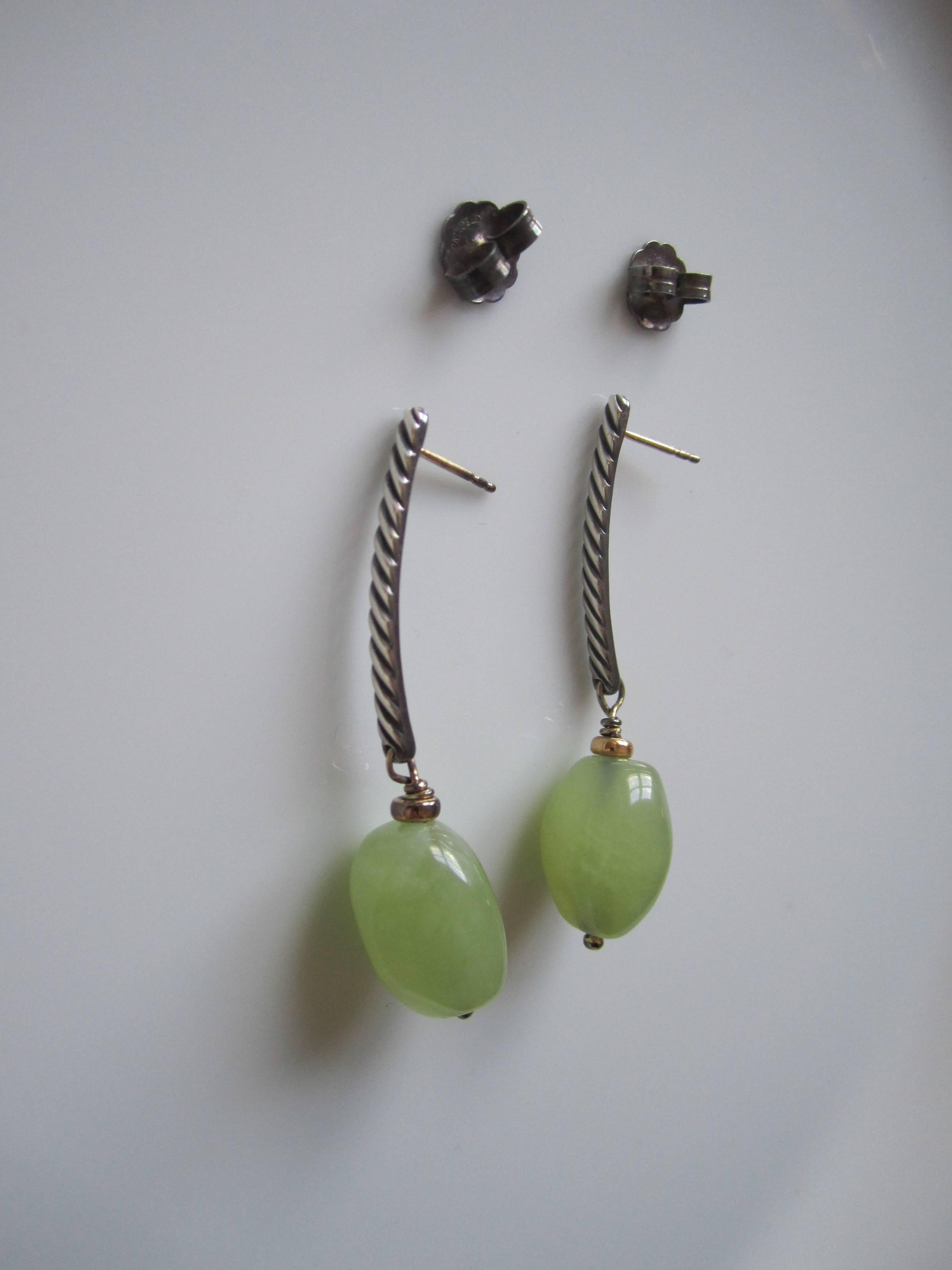David Yurman Sterling Silver, Gold, and Green Jade Drop Earrings 1