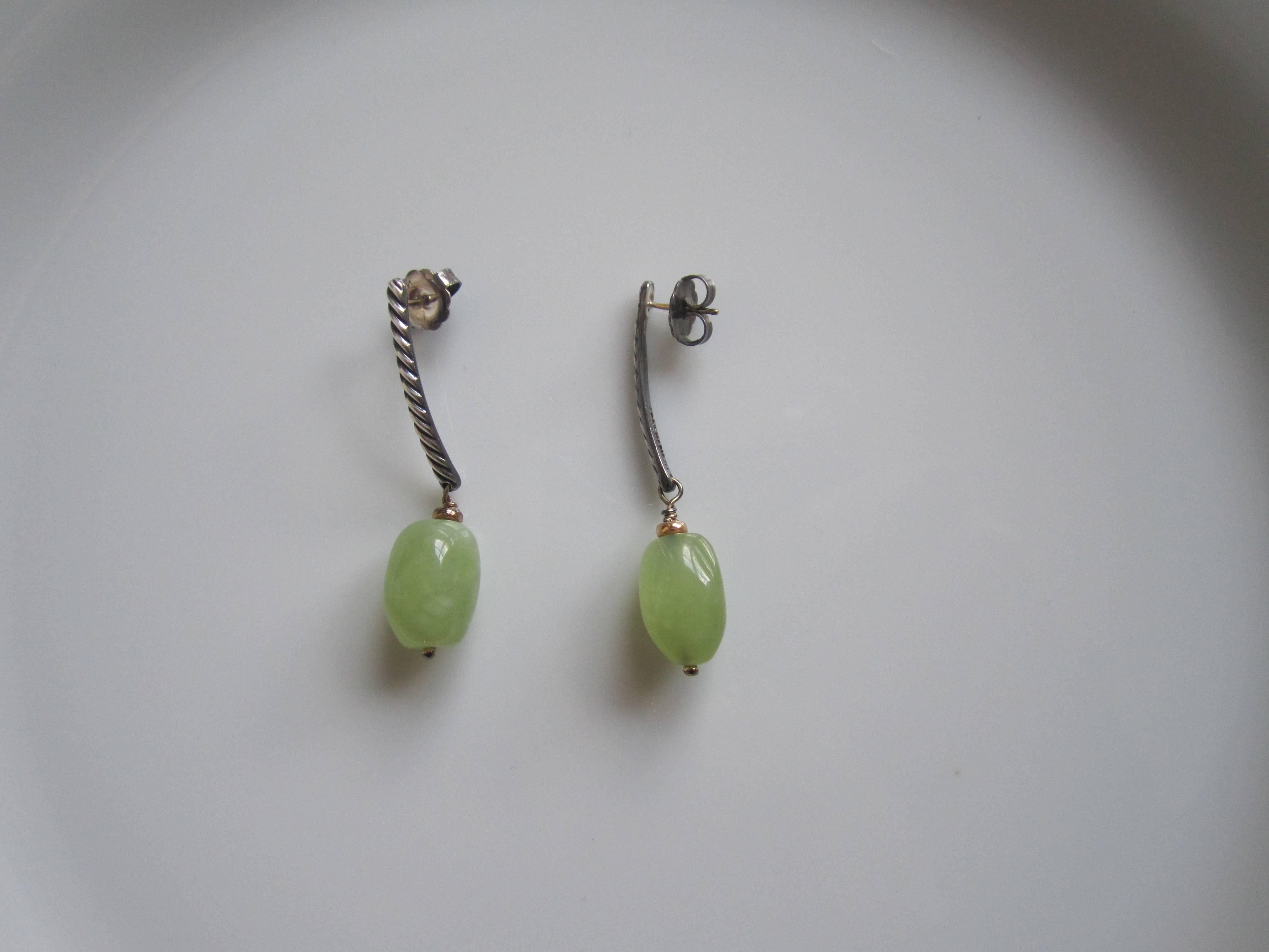 American David Yurman Sterling Silver, Gold, and Green Jade Drop Earrings